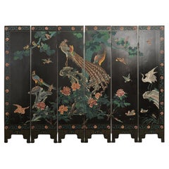 Chinese Export Six Panel Coromandel Screen Exotic Bird Landscape