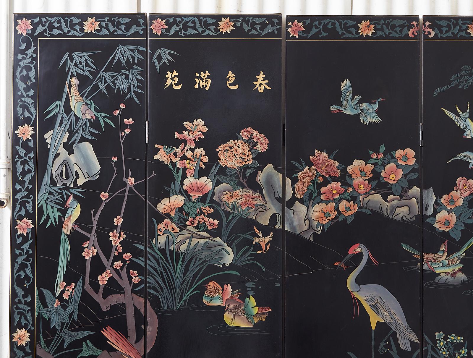 Chinese Export Six Panel Coromandel Screen Flora and Fauna Landscape 8