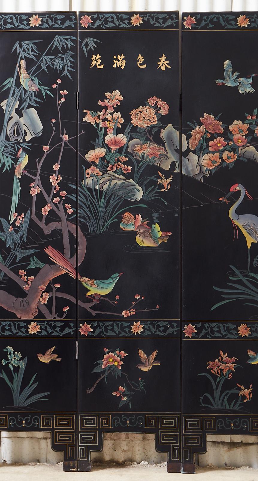 Chinese Export Six Panel Coromandel Screen Flora and Fauna Landscape In Good Condition In Rio Vista, CA