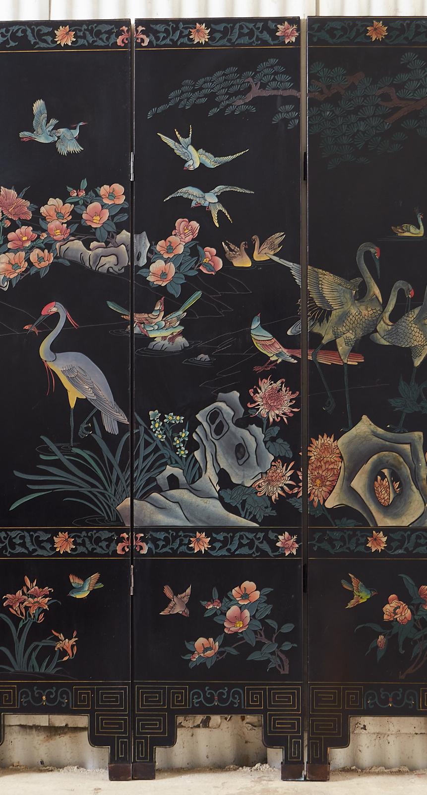 20th Century Chinese Export Six Panel Coromandel Screen Flora and Fauna Landscape