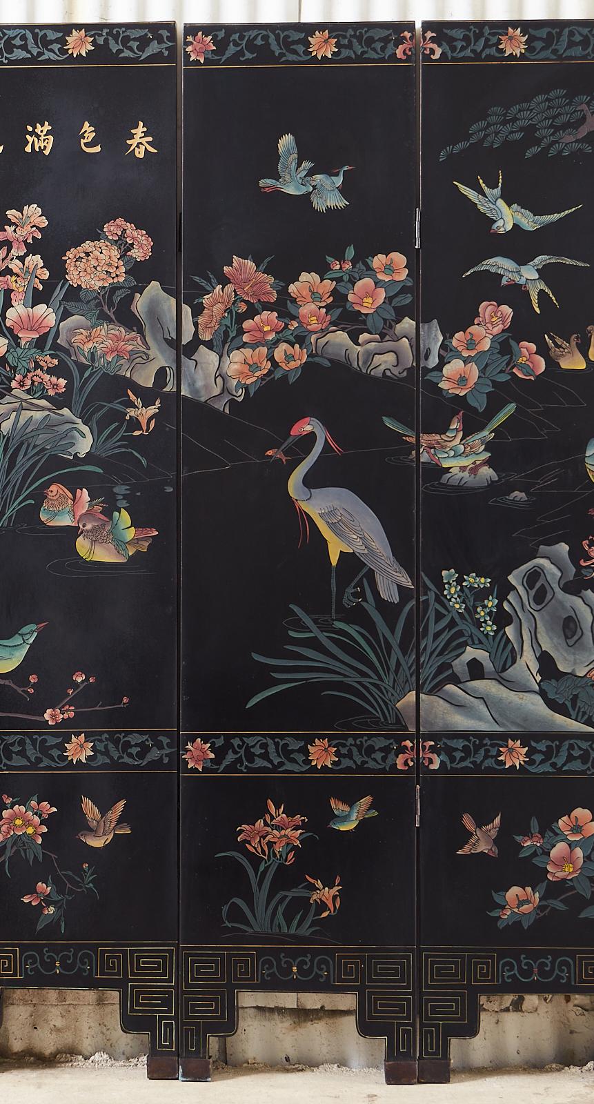 Brass Chinese Export Six Panel Coromandel Screen Flora and Fauna Landscape