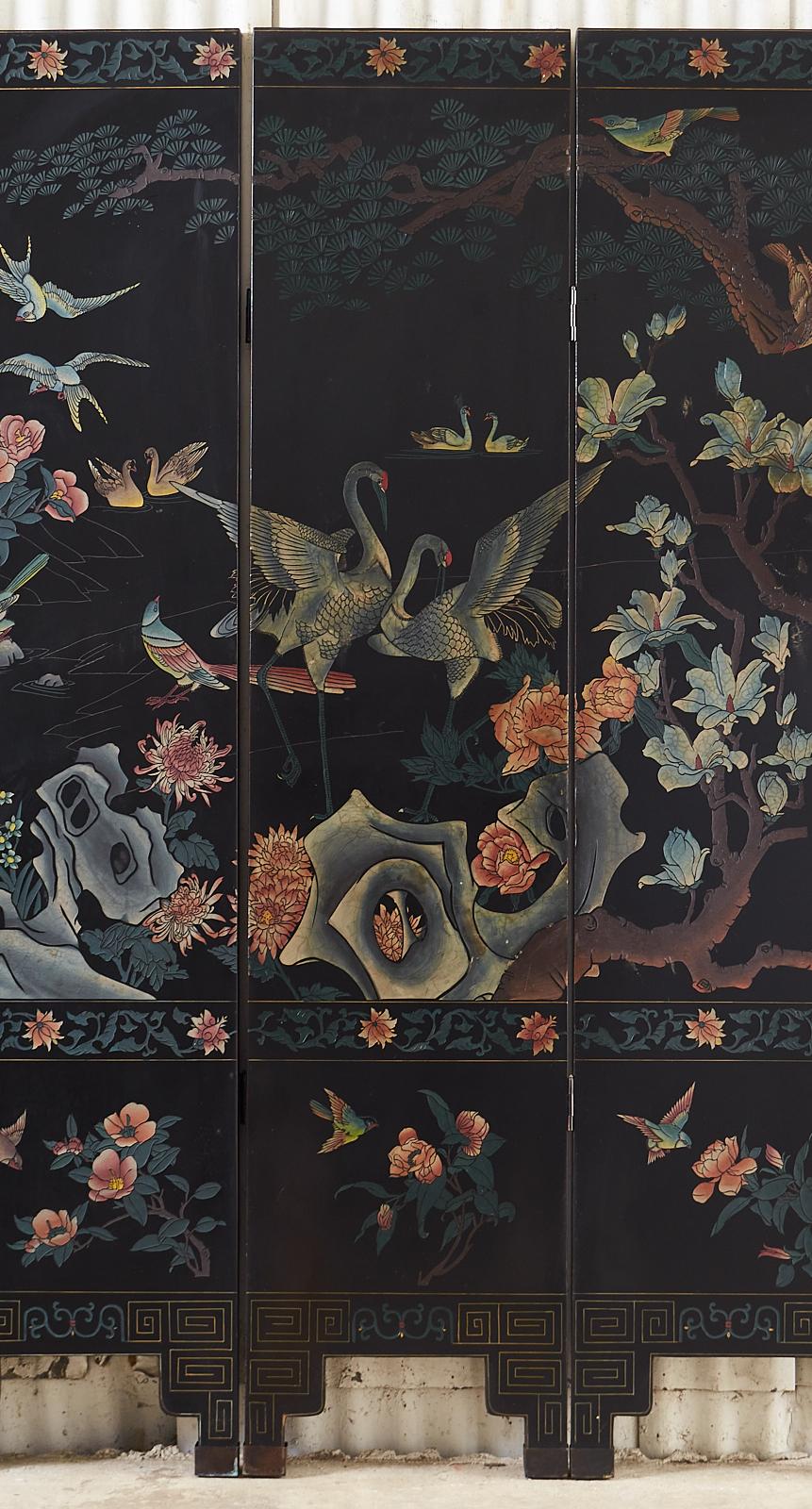 Chinese Export Six Panel Coromandel Screen Flora and Fauna Landscape 1