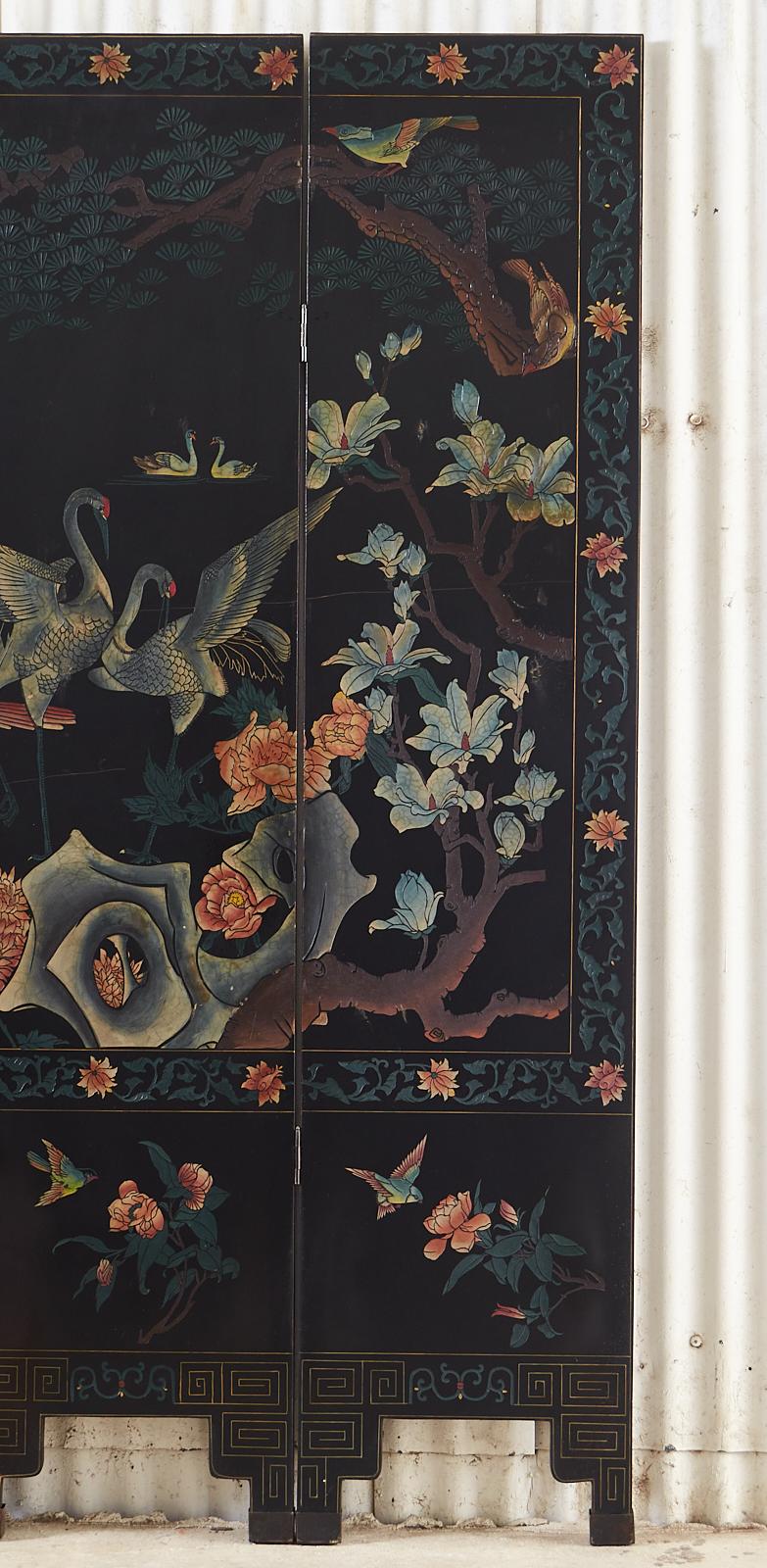 Chinese Export Six Panel Coromandel Screen Flora and Fauna Landscape 2