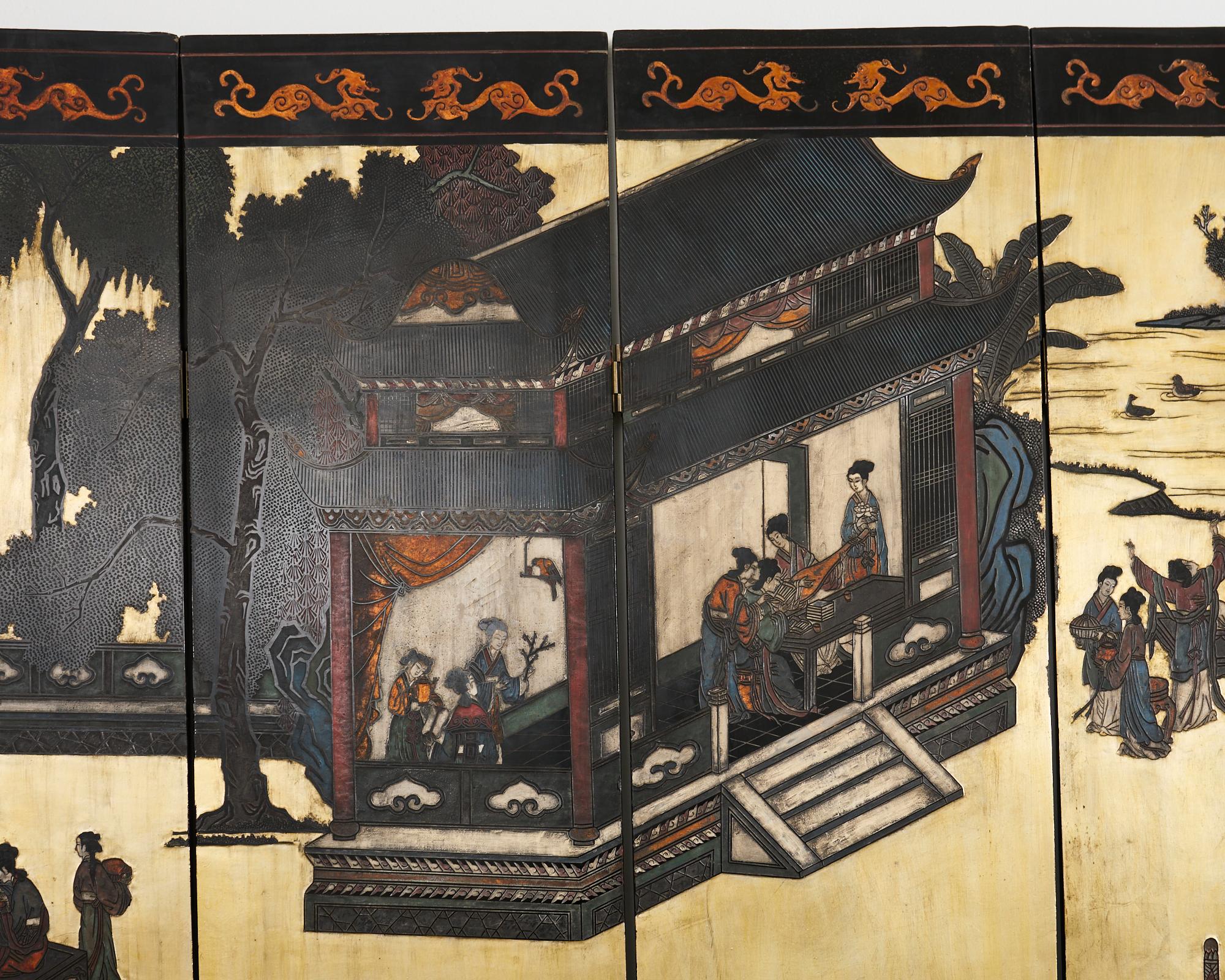 Chinese Export Sechs Panel Coromandel Bildschirm vergoldet Hof im Angebot 2