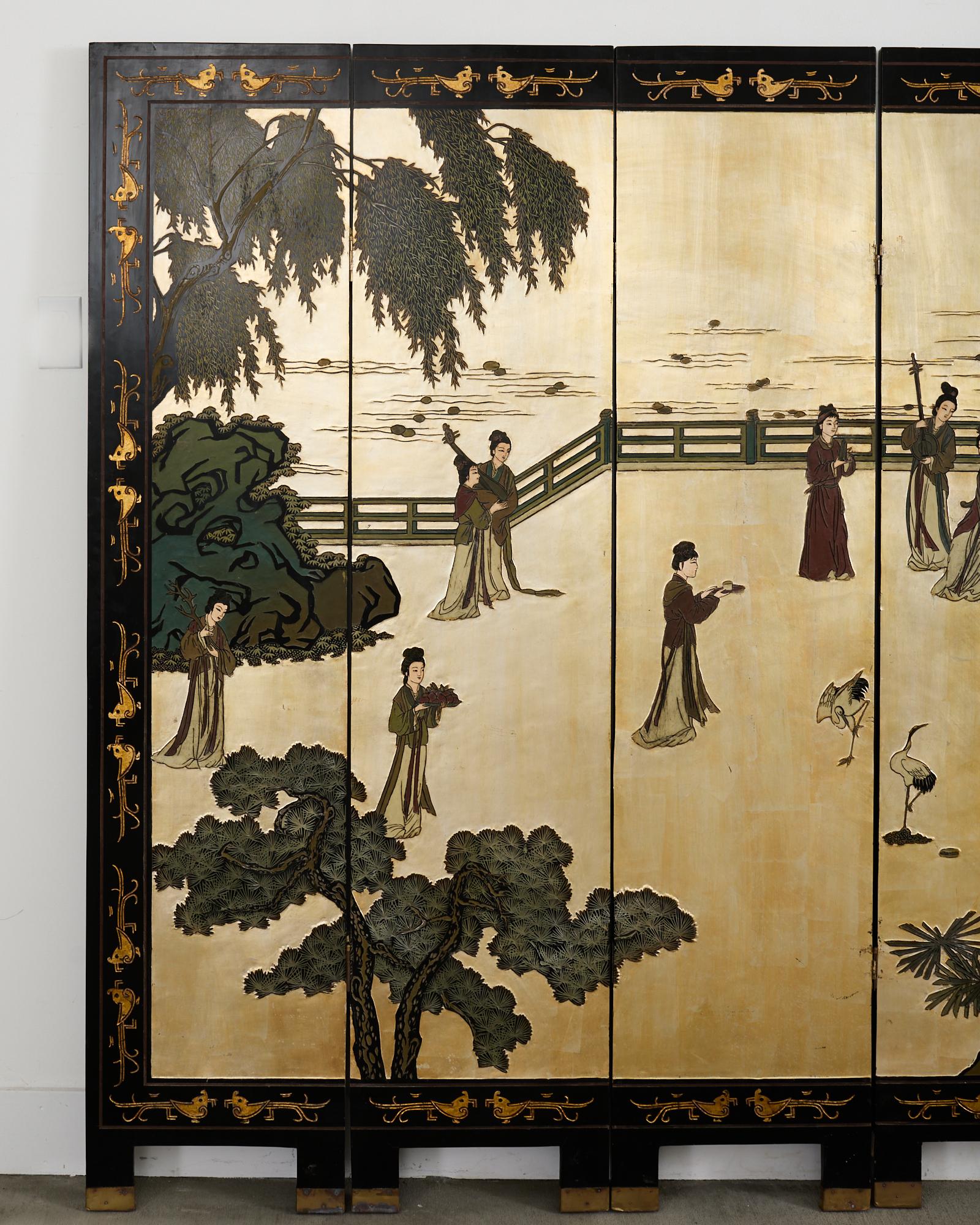 Chinese Export Sechs Panel Coromandel Bildschirm vergoldet Hof (Chinesisch) im Angebot
