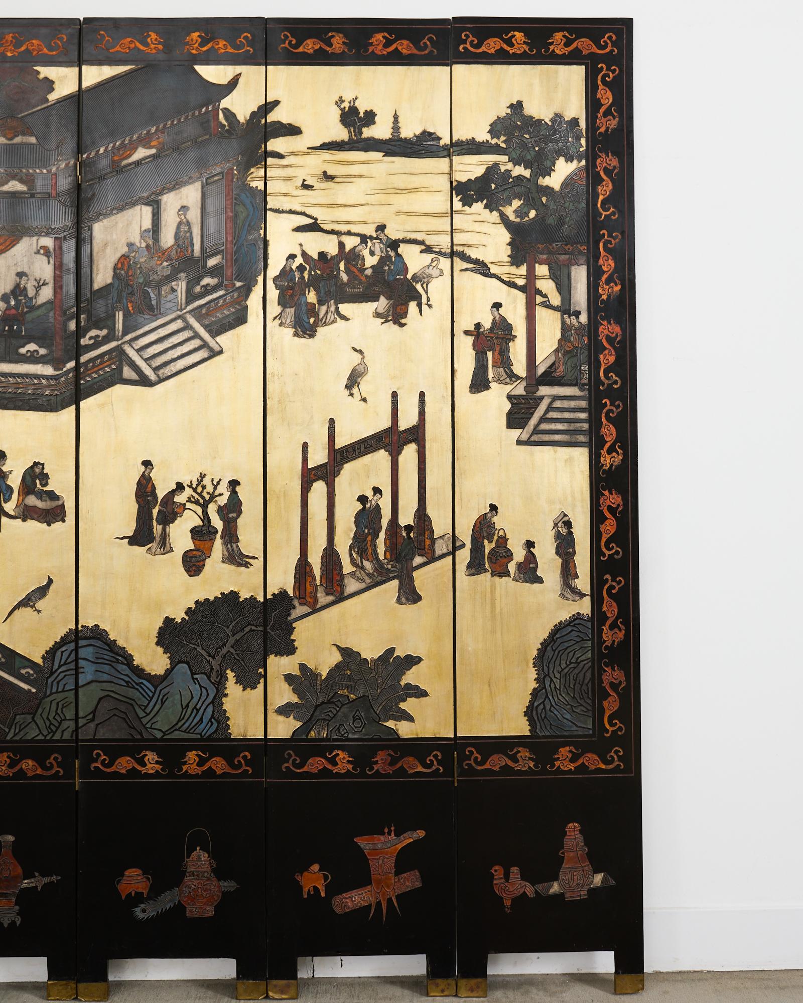Chinese Export Sechs Panel Coromandel Bildschirm vergoldet Hof (Lackiert) im Angebot