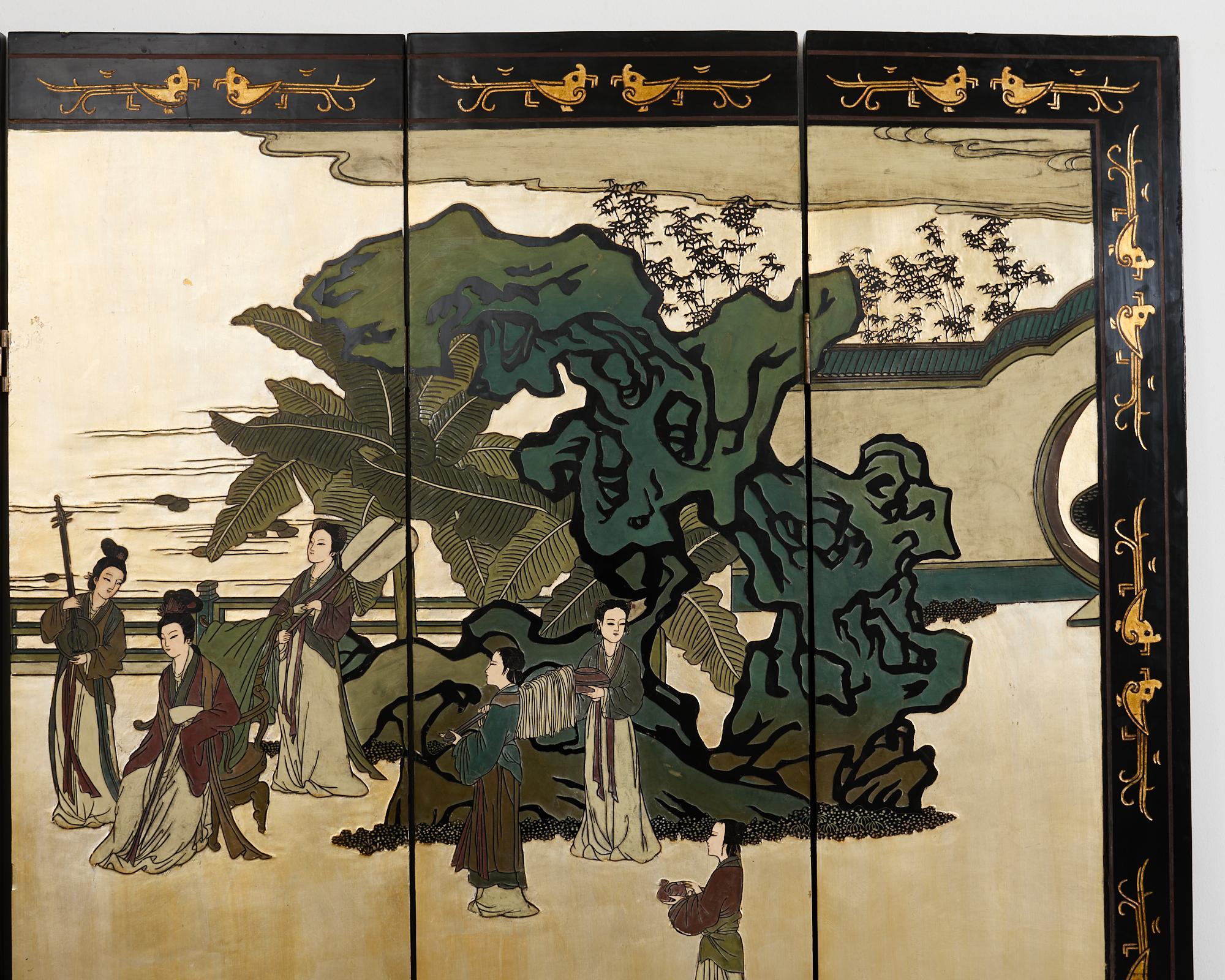 Chinese Export Sechs Panel Coromandel Bildschirm vergoldet Hof (Messing) im Angebot