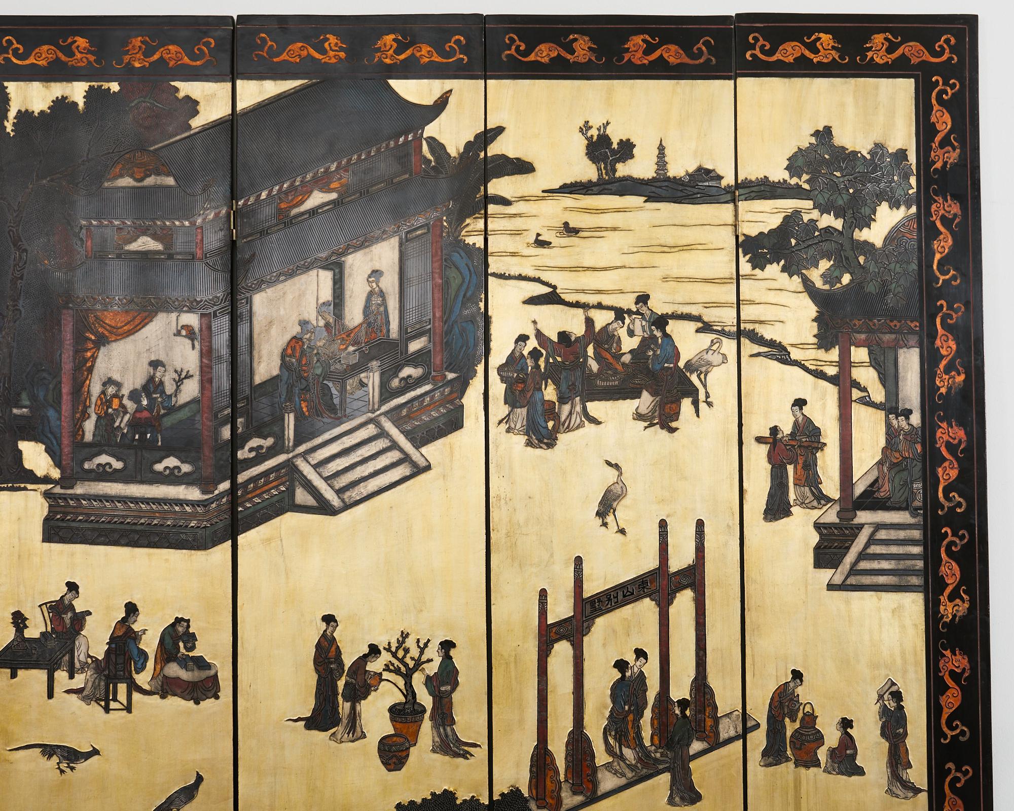 Chinese Export Sechs Panel Coromandel Bildschirm vergoldet Hof (Messing) im Angebot