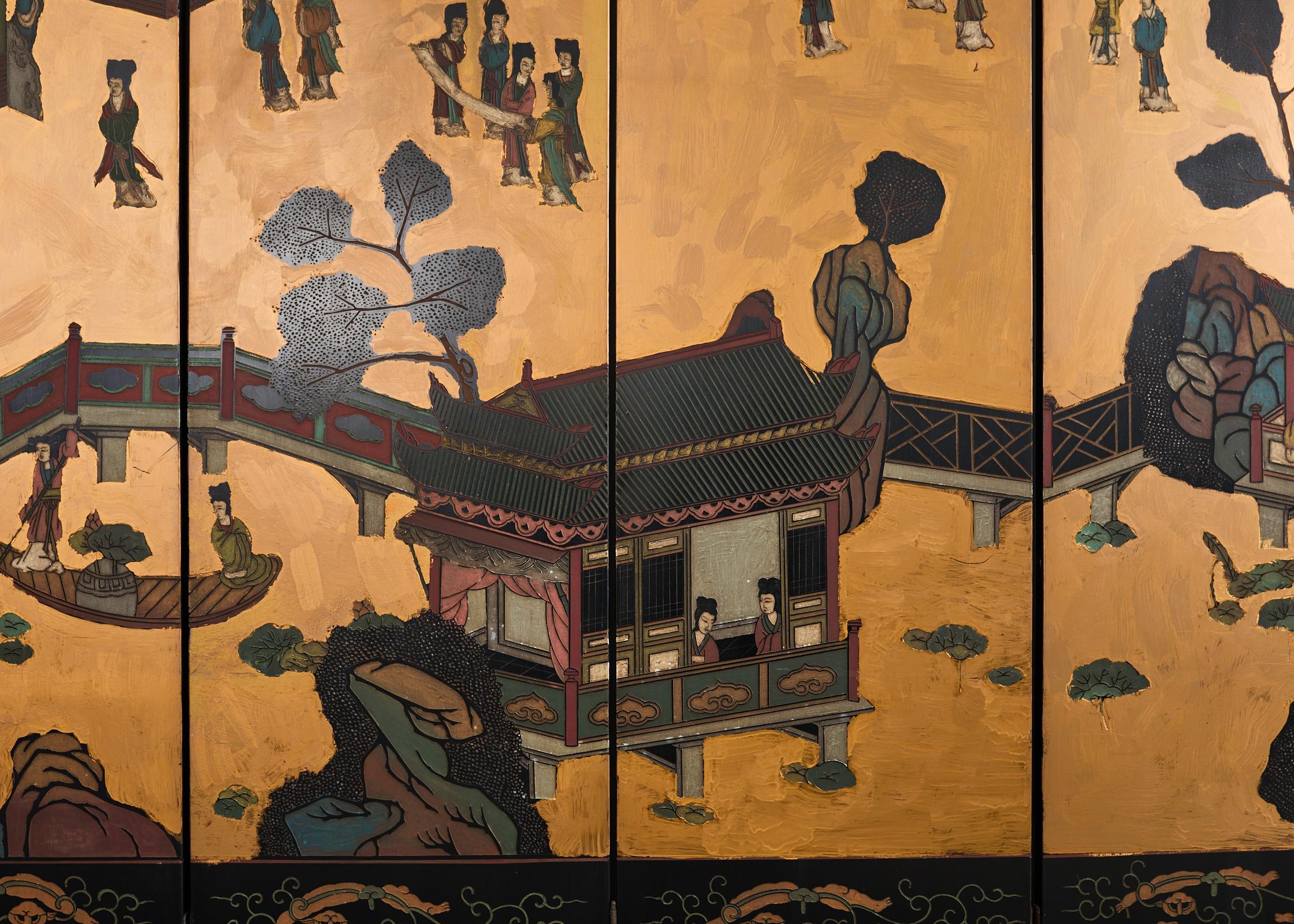 Pavilion doré à six panneaux d'exportation chinoise de Coromandel en vente 5