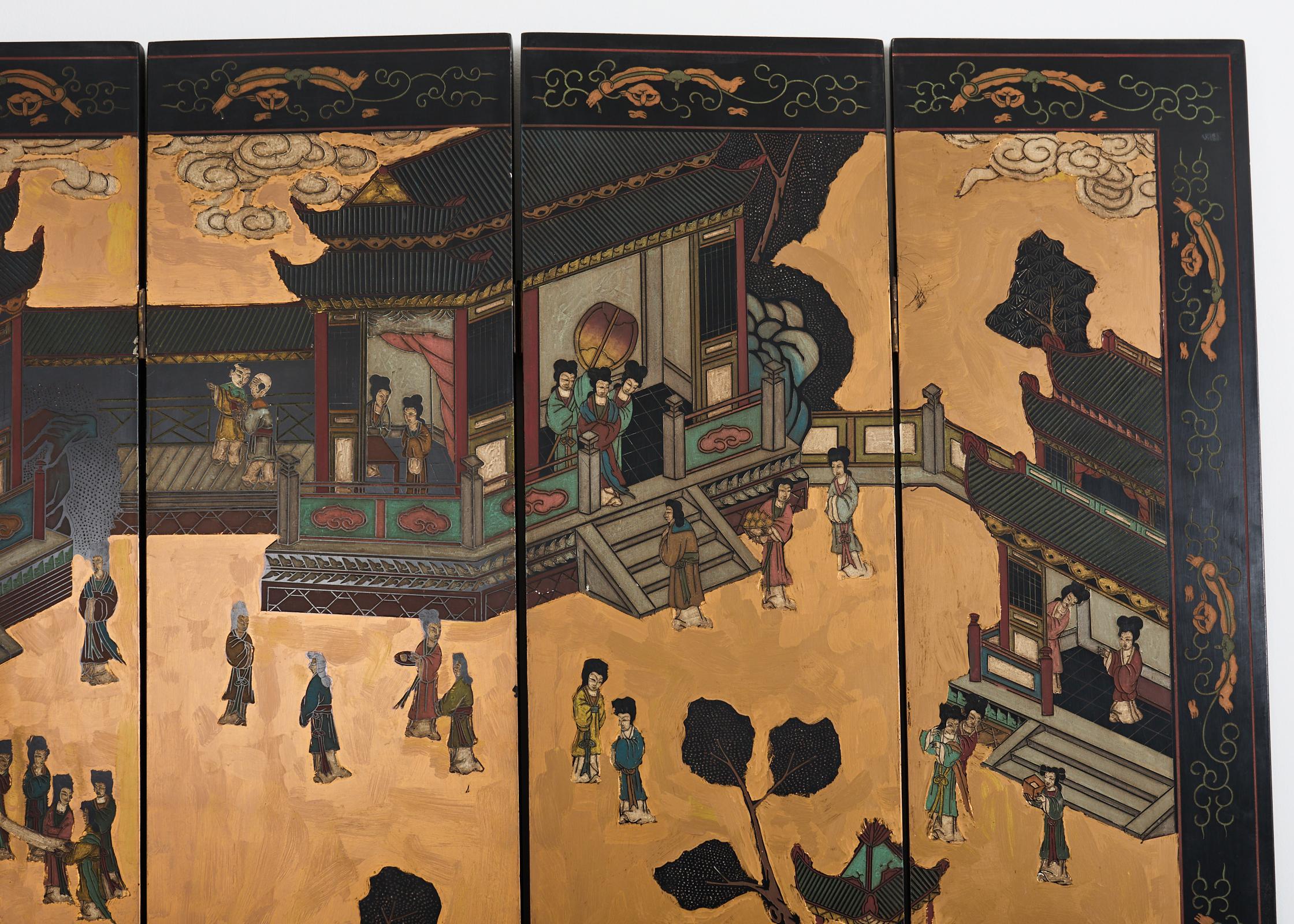 20ième siècle Pavilion doré à six panneaux d'exportation chinoise de Coromandel en vente