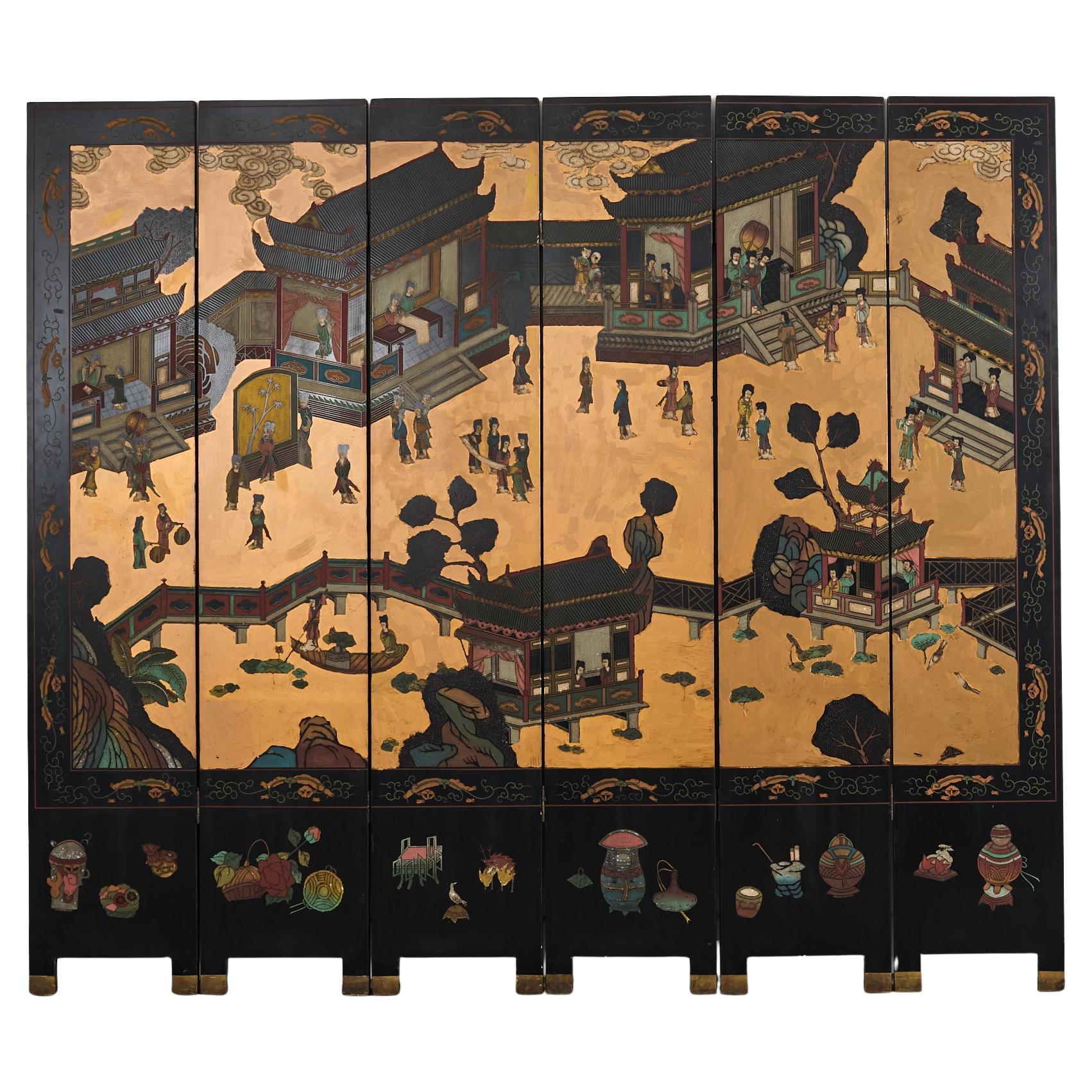 Chinese Export Six Panel Coromandel Screen Gilt Pavilion