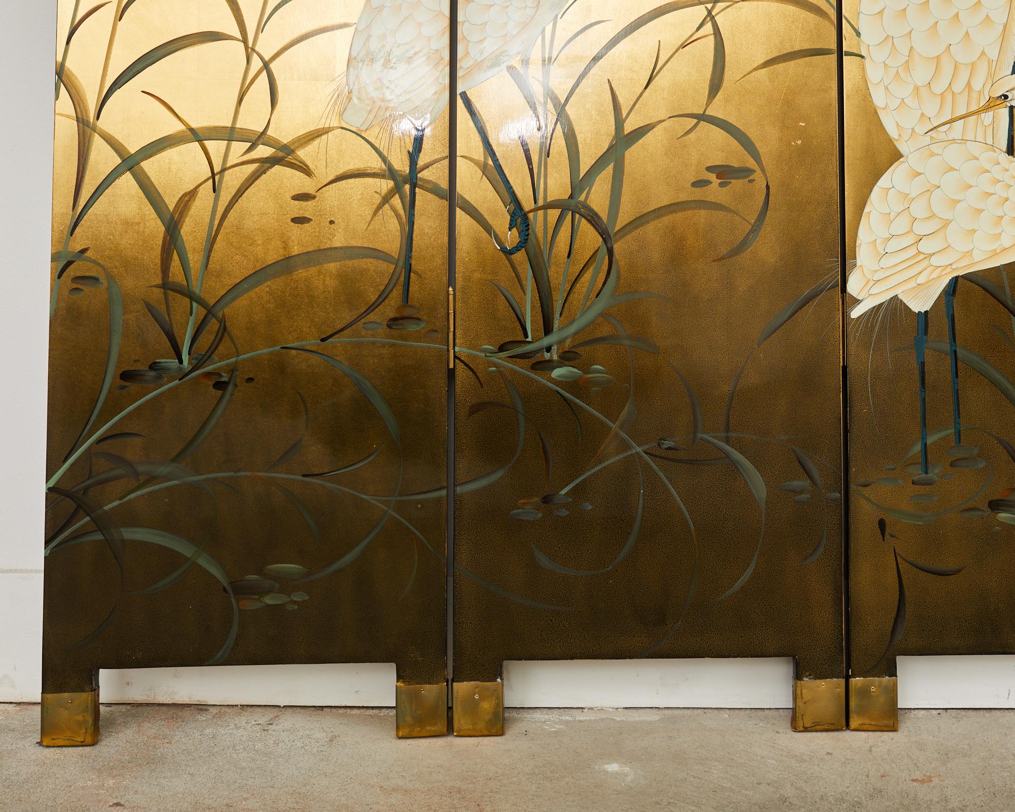 Chinese Export Six Panel Folding Screen Cranes on Gold Leaf 7