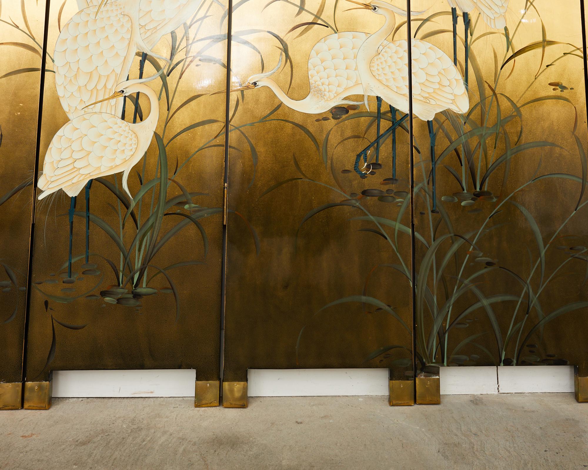 Chinese Export Six Panel Folding Screen Cranes on Gold Leaf 8