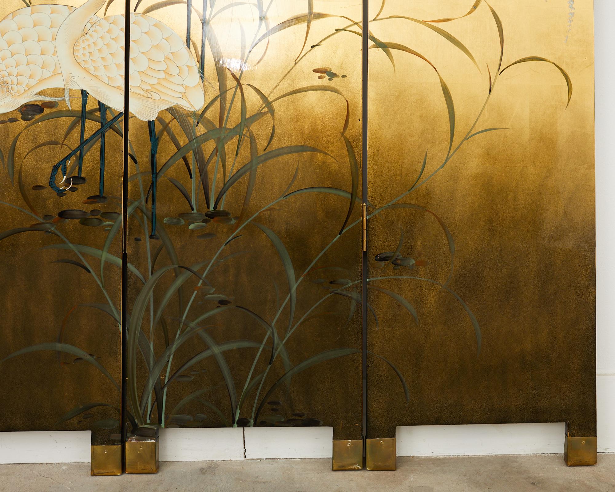 Chinese Export Six Panel Folding Screen Cranes on Gold Leaf 9