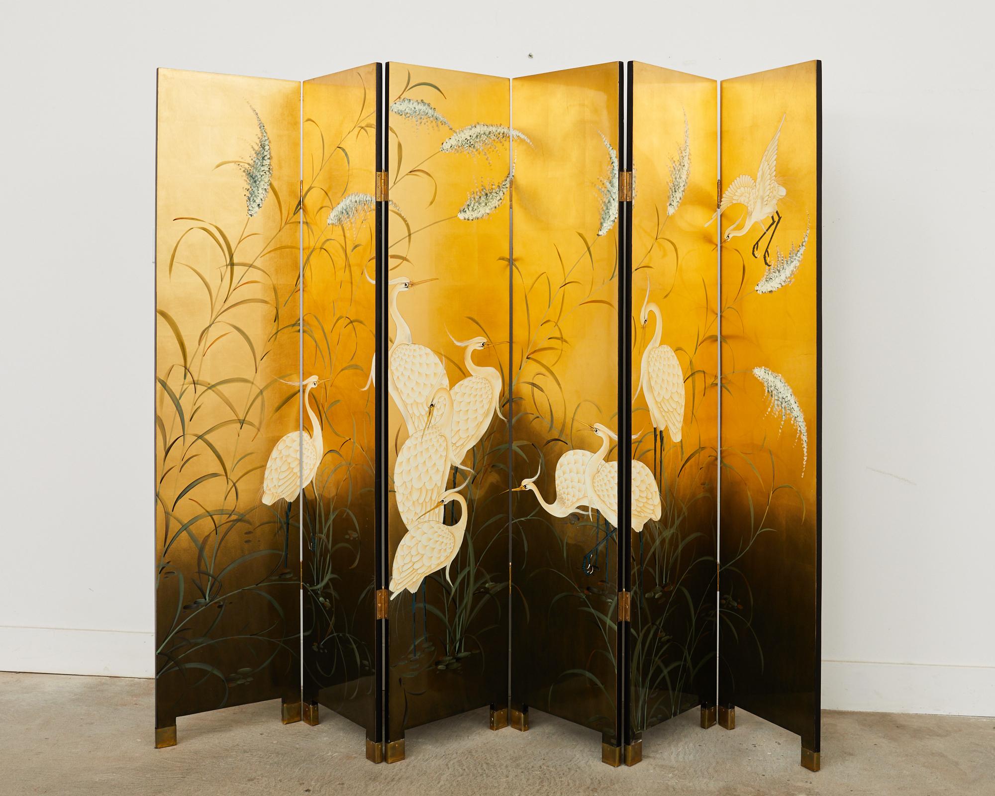 Chinese Export Six Panel Folding Screen Cranes on Gold Leaf 11