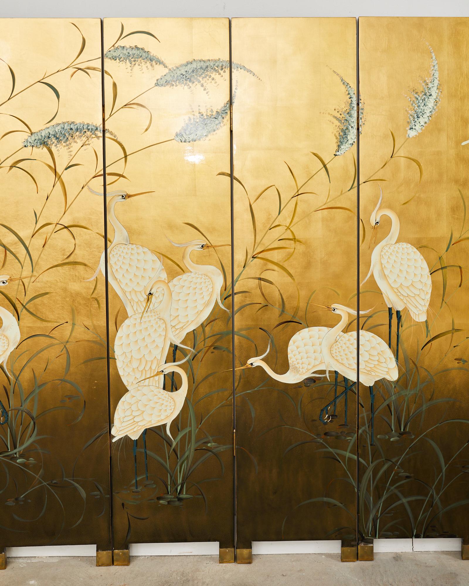 Hand-Crafted Chinese Export Six Panel Folding Screen Cranes on Gold Leaf