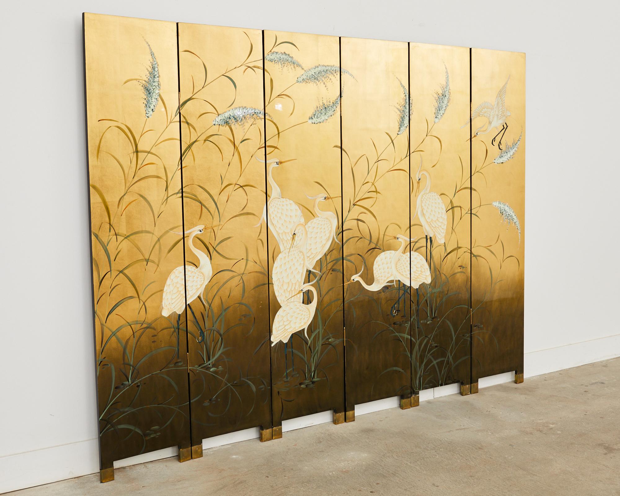 20th Century Chinese Export Six Panel Folding Screen Cranes on Gold Leaf