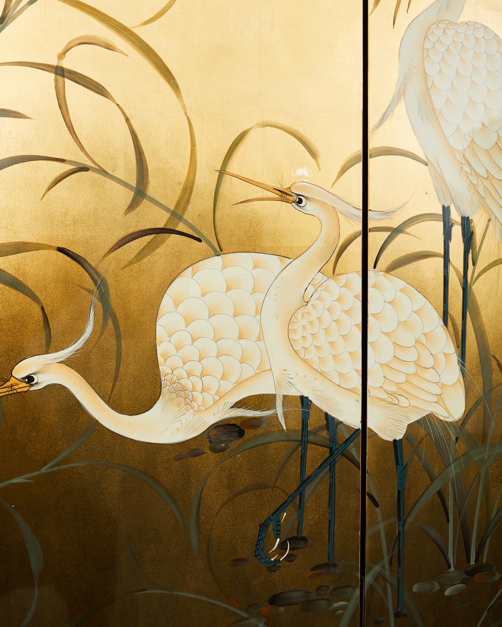 Chinese Export Six Panel Folding Screen Cranes on Gold Leaf 2