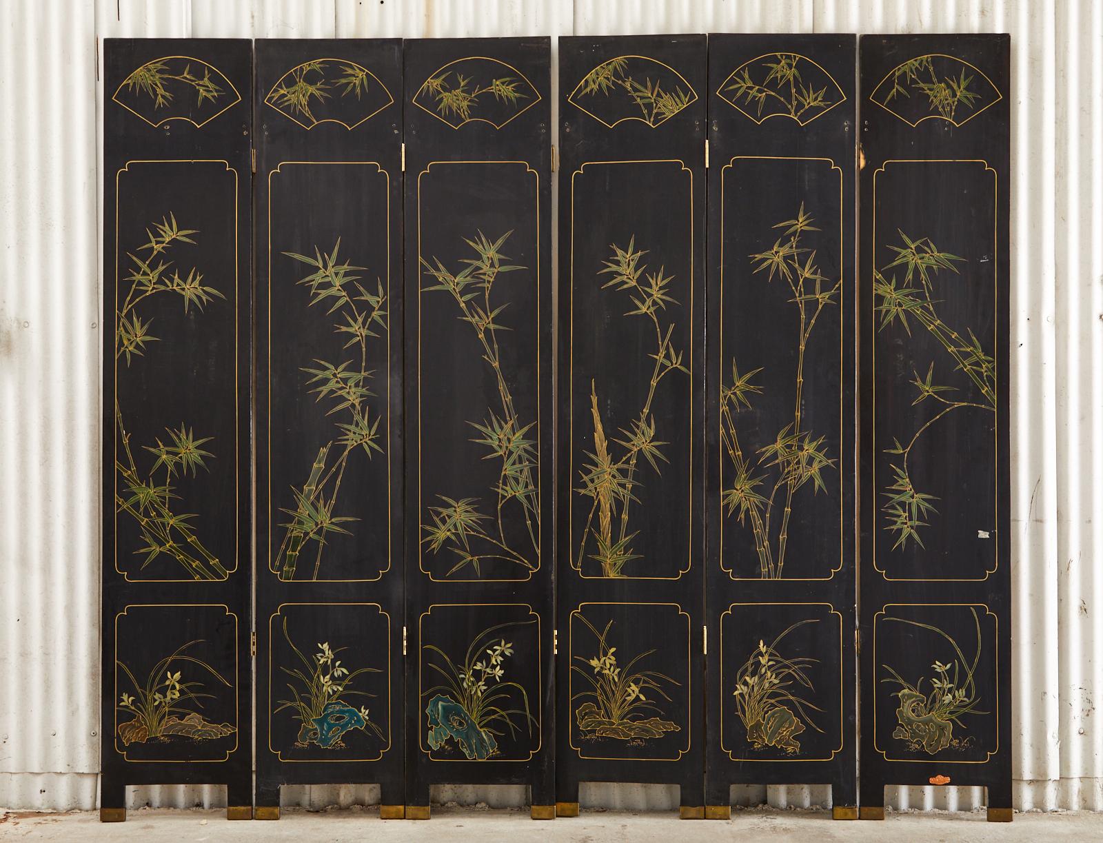 Chinese Export Six Panel Gilt Coromandel Screen Flora Fauna 12