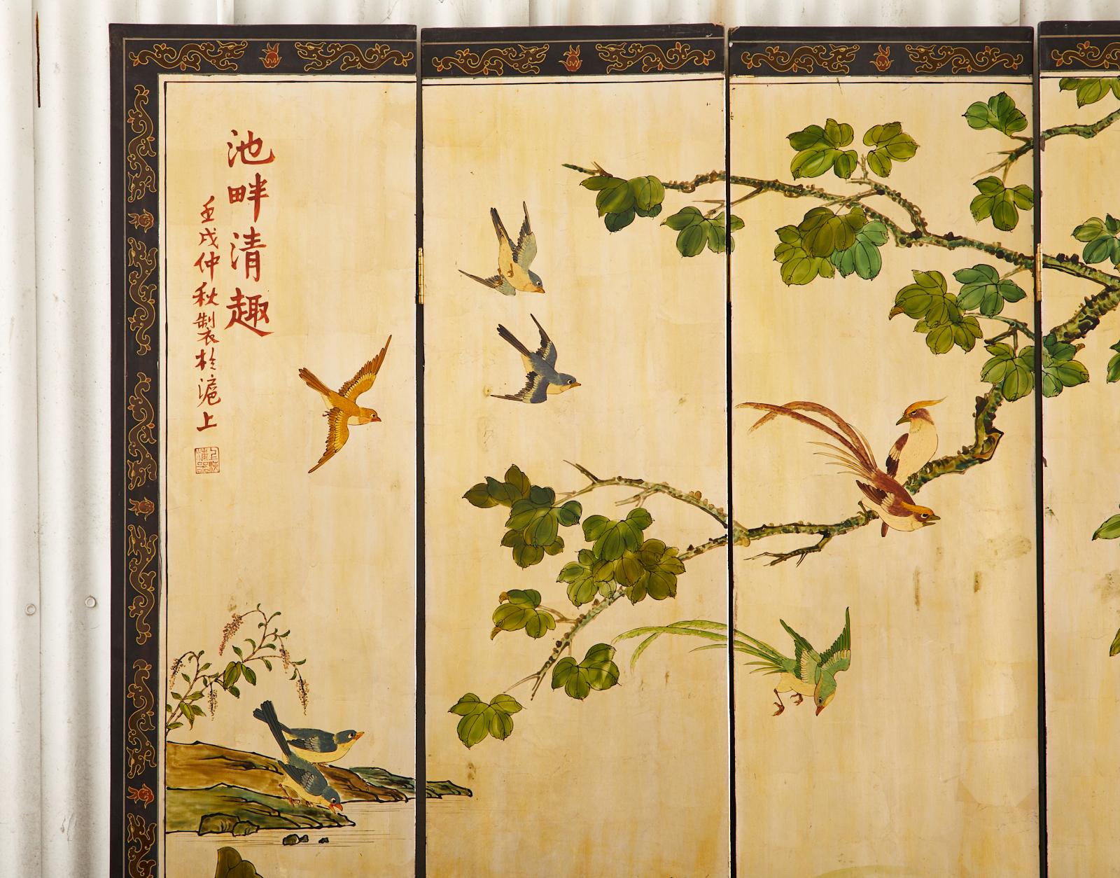 20th Century Chinese Export Six Panel Gilt Coromandel Screen Flora Fauna