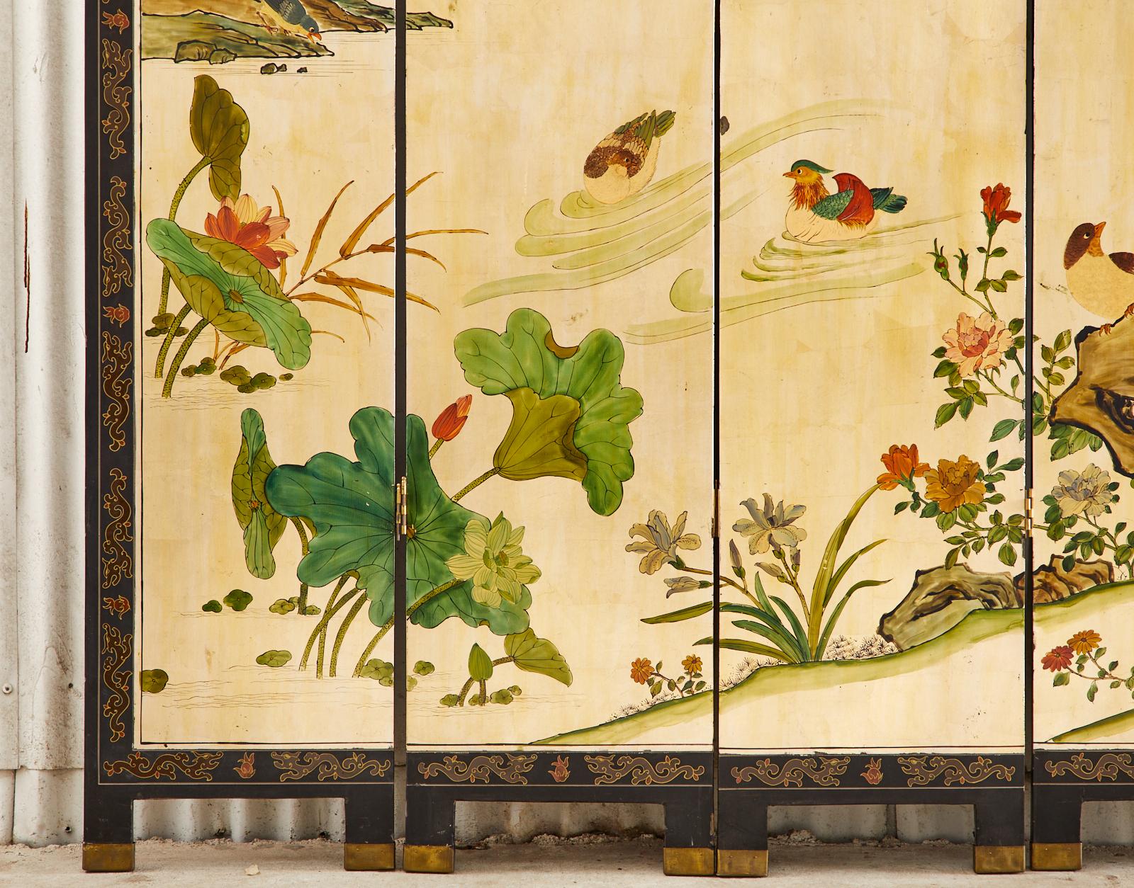 Brass Chinese Export Six Panel Gilt Coromandel Screen Flora Fauna