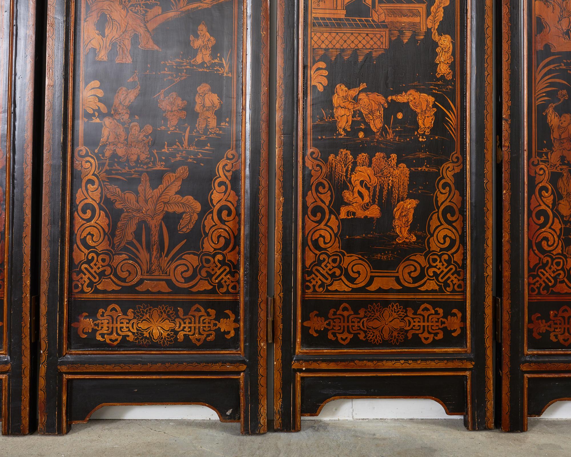 Chinese Export Six Panel Gilt Lacquered Folding Screen For Sale 3