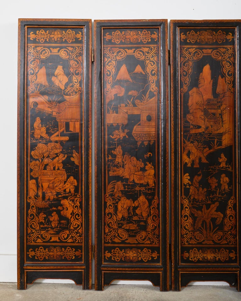 Chinese Export Six Panel Gilt Lacquered Folding Screen For Sale at 1stDibs