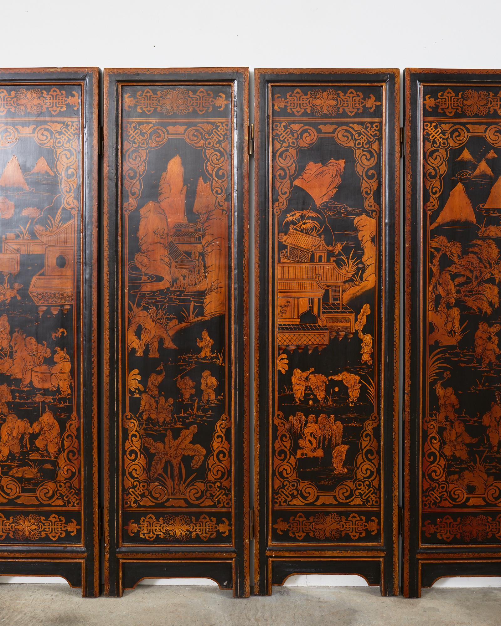 Chinese Export Six Panel Gilt Lacquered Folding Screen In Distressed Condition For Sale In Rio Vista, CA