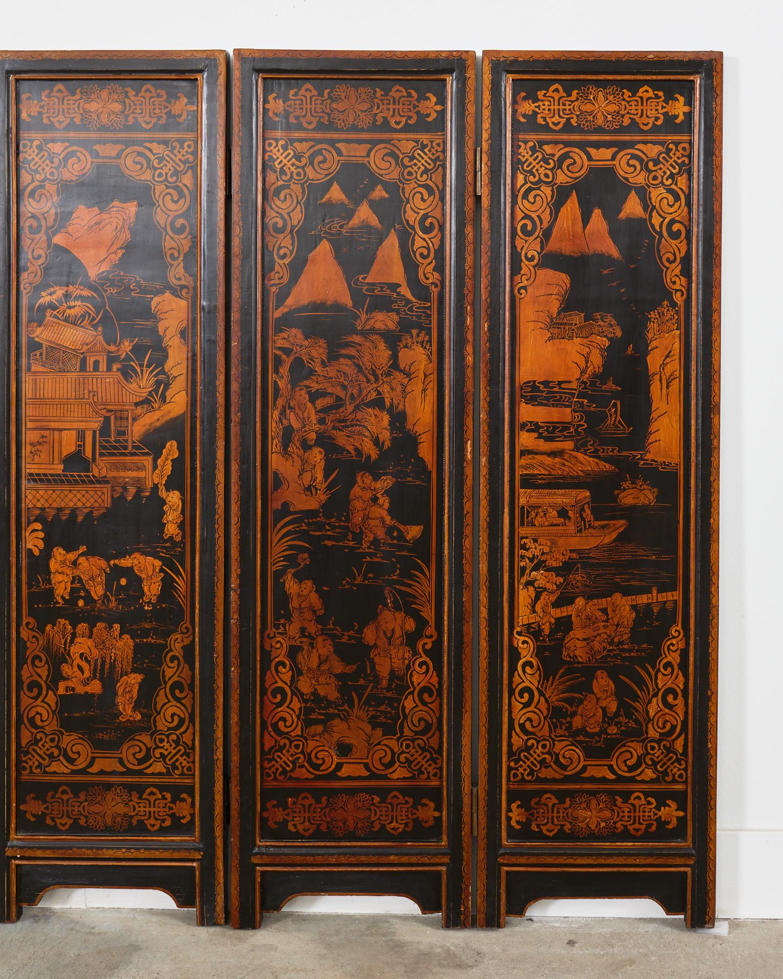 Chinese Export Six Panel Gilt Lacquered Folding Screen In Distressed Condition For Sale In Rio Vista, CA