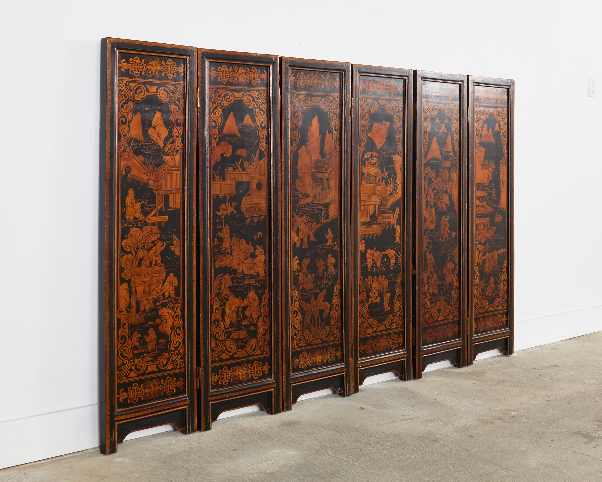 Brass Chinese Export Six Panel Gilt Lacquered Folding Screen For Sale