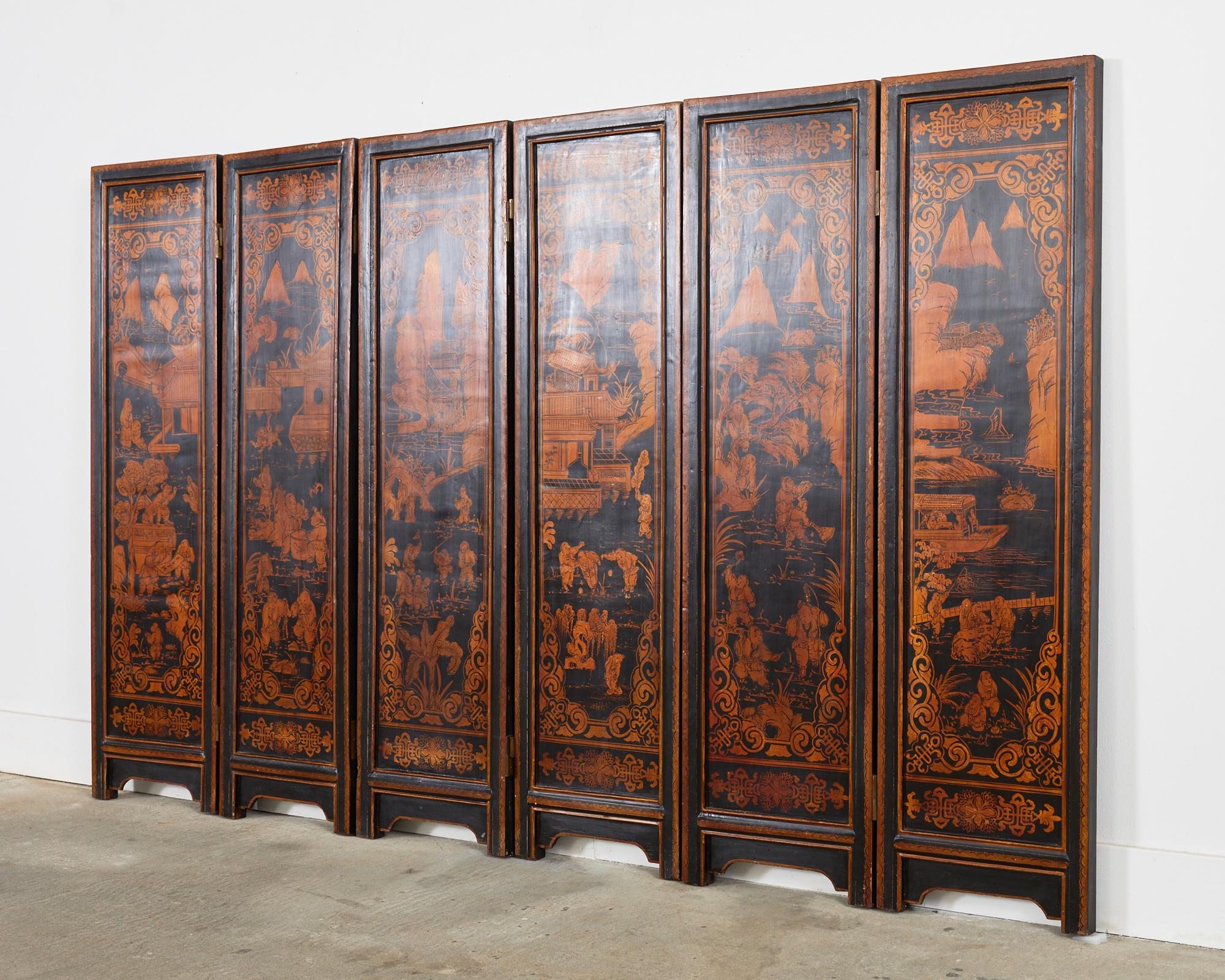 Brass Chinese Export Six Panel Gilt Lacquered Folding Screen For Sale