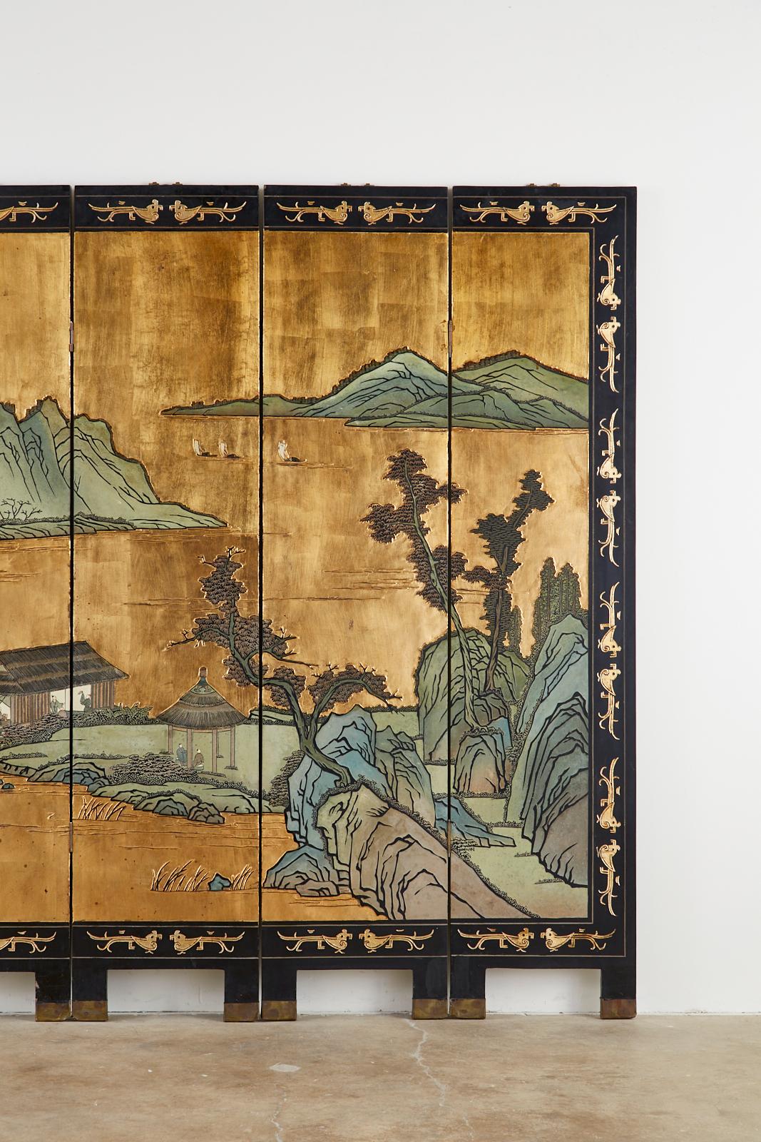 Lacquered Chinese Export Six-Panel Gold Leaf Coromandel Screen