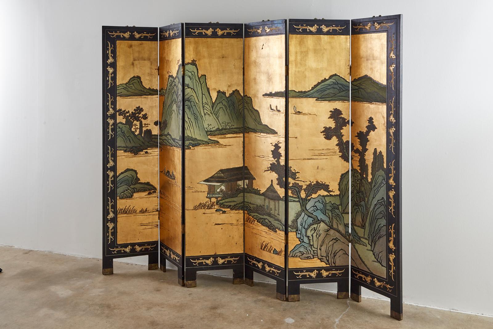 Chinese Export Six-Panel Gold Leaf Coromandel Screen In Good Condition In Rio Vista, CA