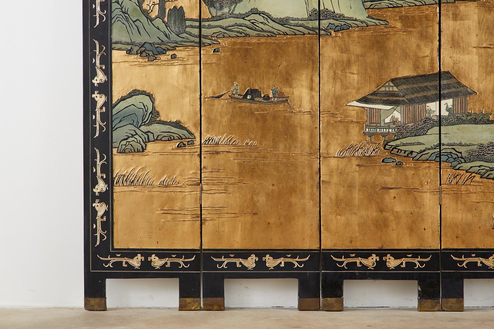 Brass Chinese Export Six-Panel Gold Leaf Coromandel Screen
