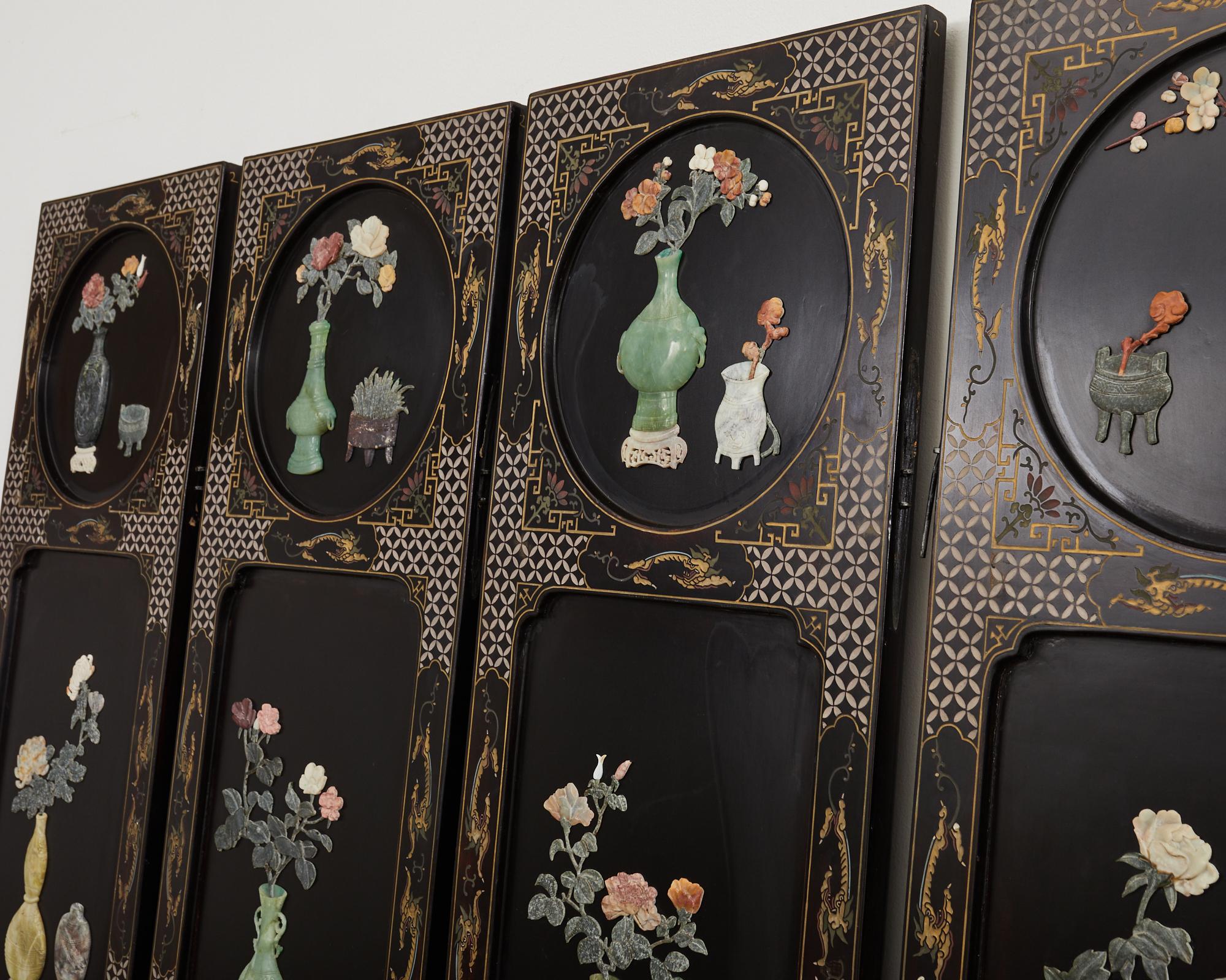 Chinese Export Six Panel Hardstone Lacquer Screen  For Sale 8