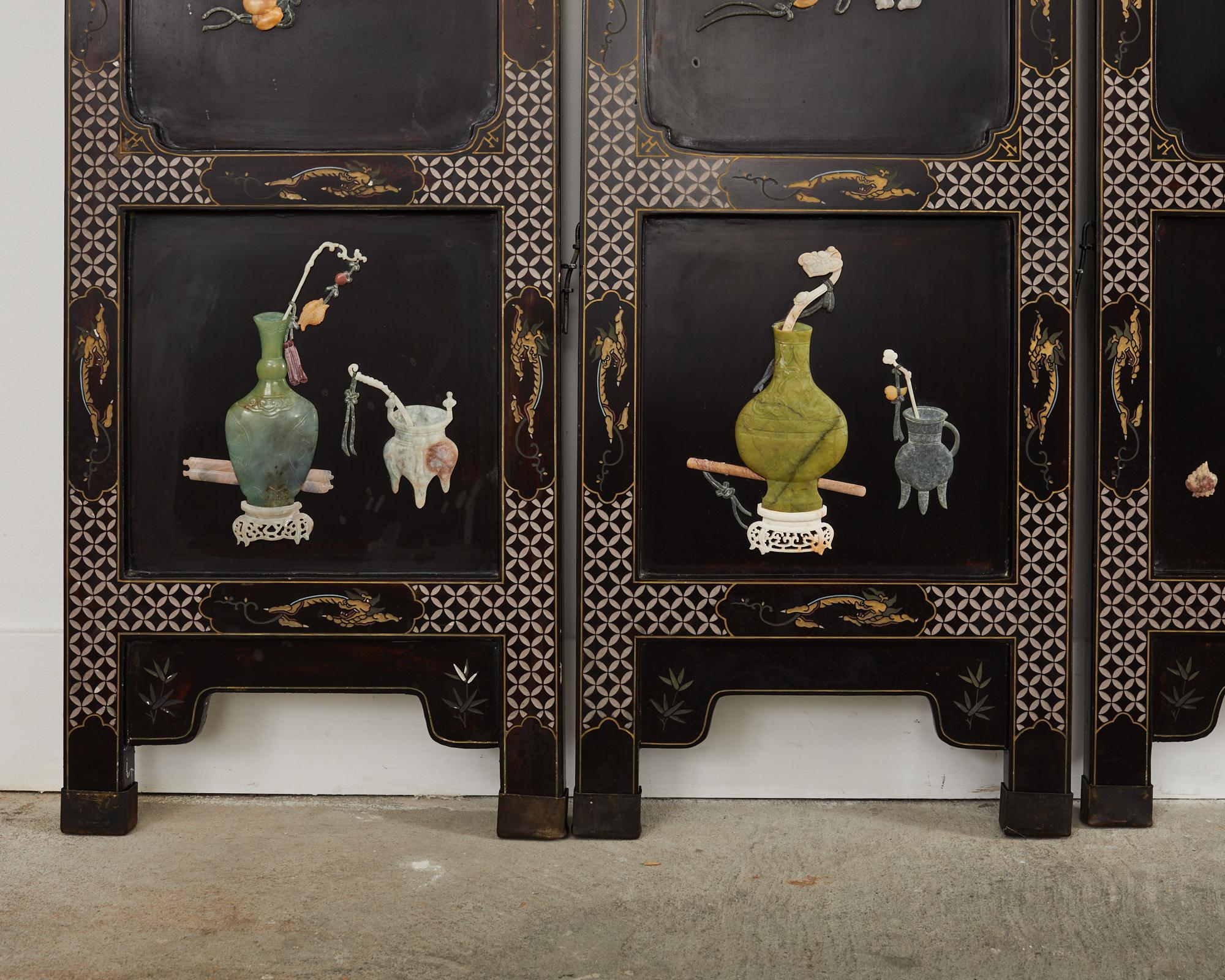 Soapstone Chinese Export Six Panel Hardstone Lacquer Screen  For Sale
