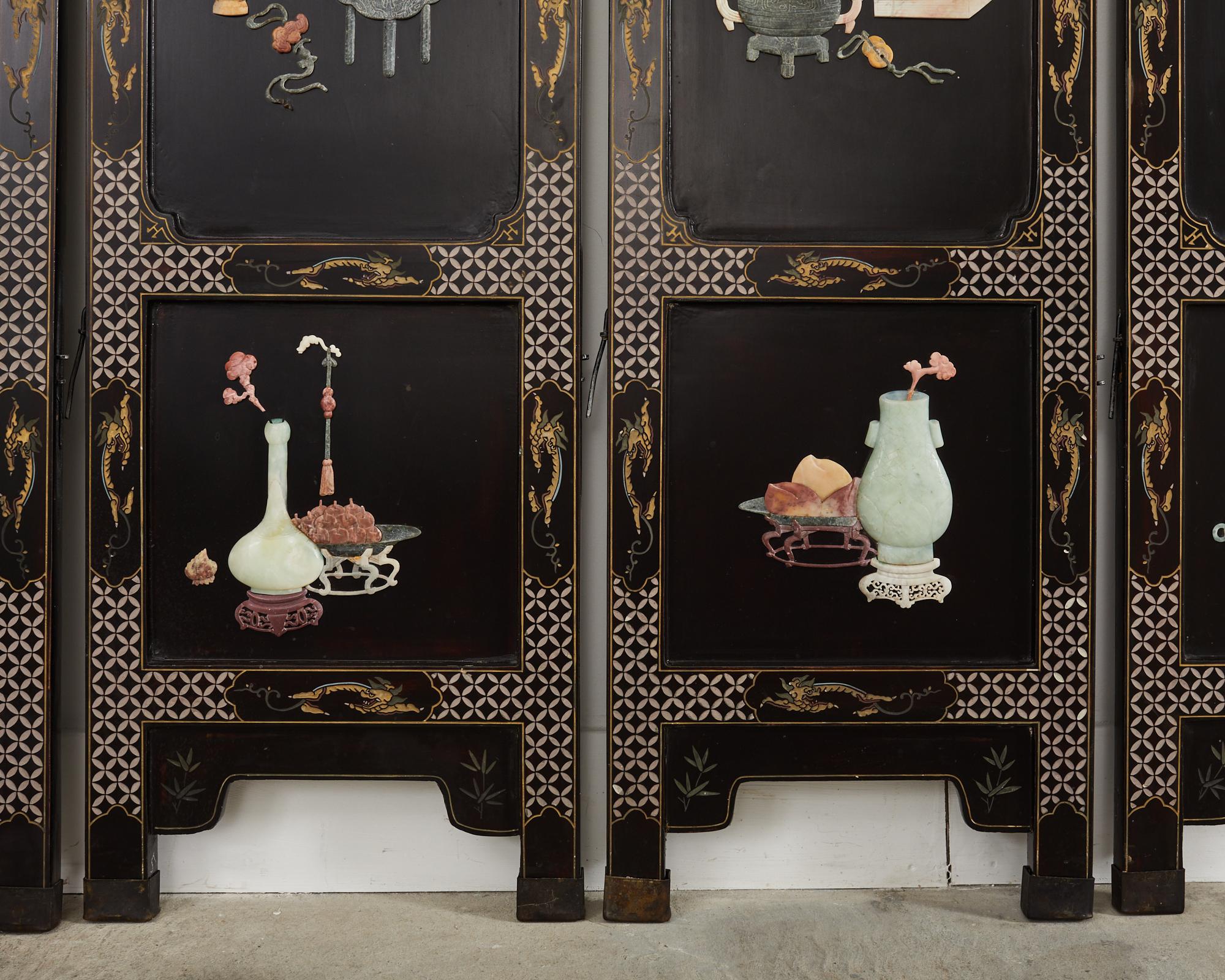 Chinese Export Six Panel Hardstone Lacquer Screen  For Sale 1