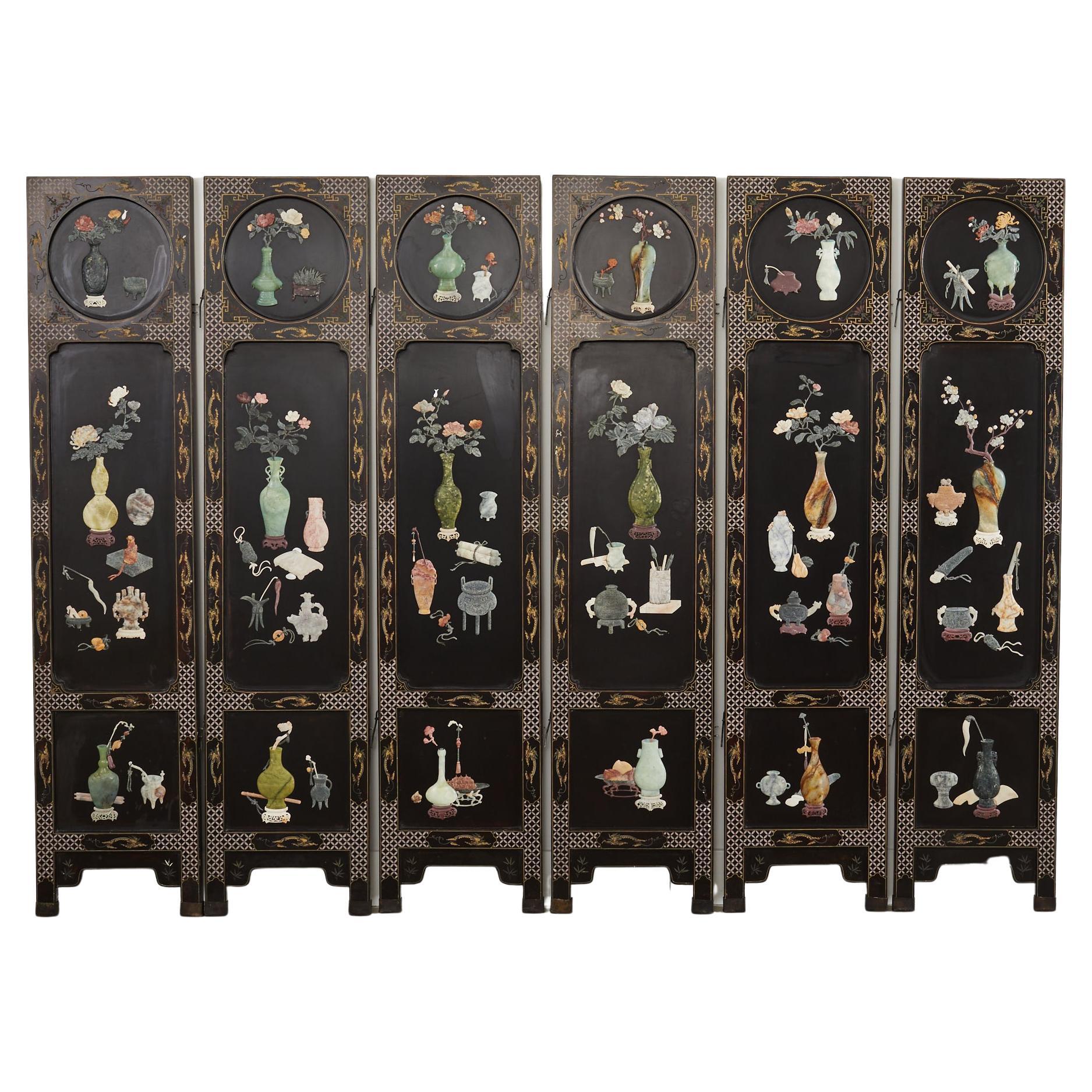 Chinese Export Six Panel Hardstone Lacquer Screen  For Sale