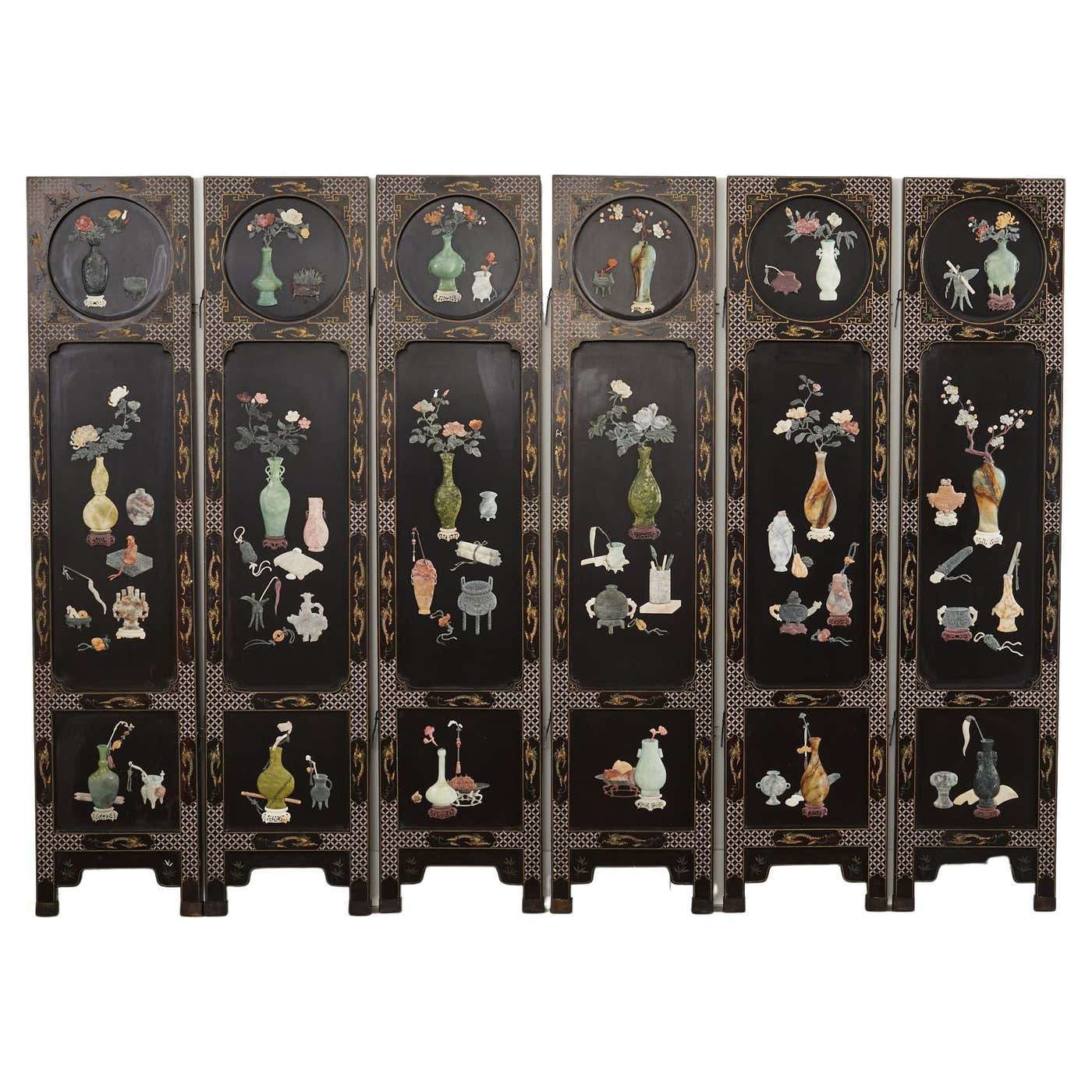Screen Laquer Chinese Export Six Panel Hardstone Lacquer Screen For Sale at 1stDibs ...