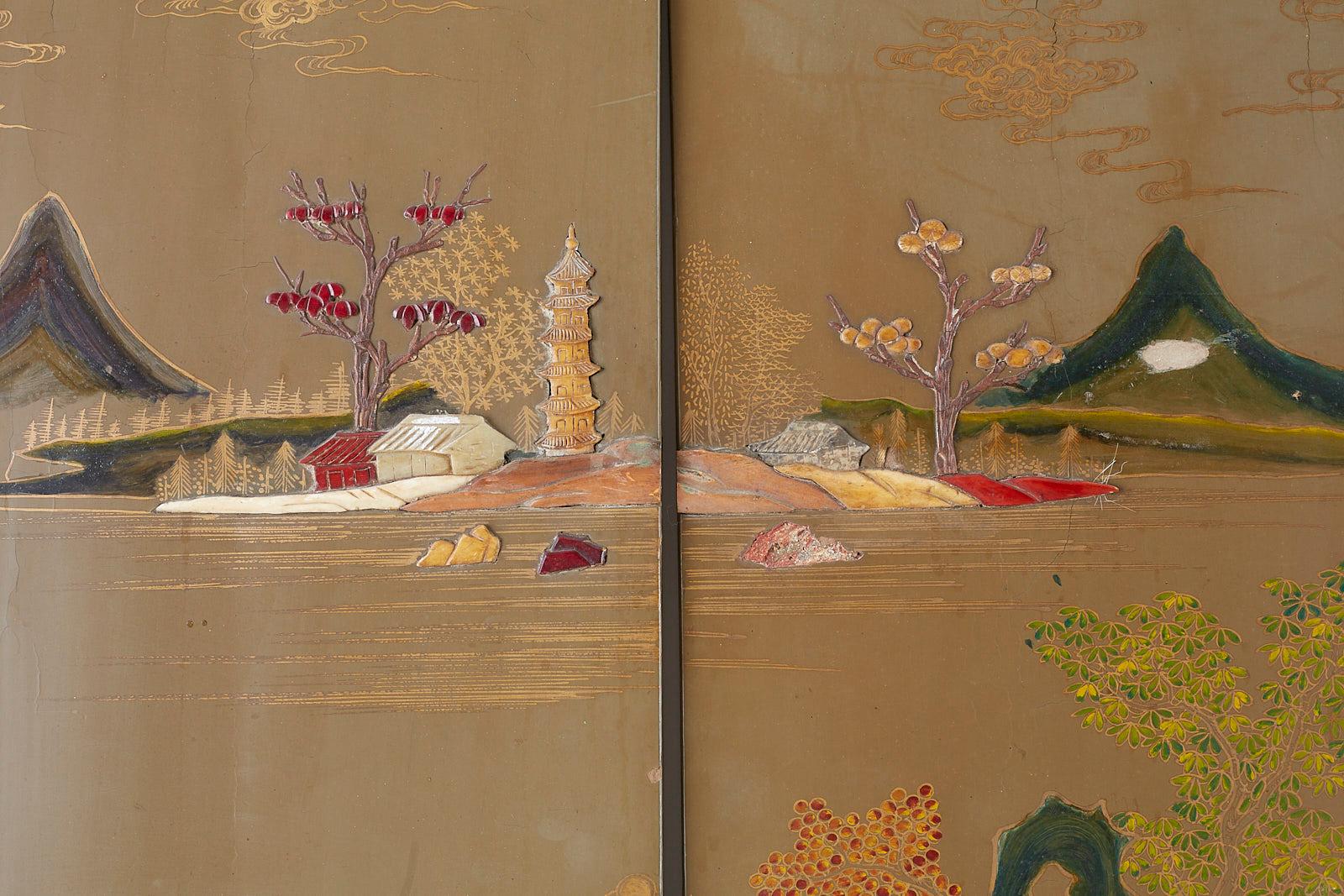 Chinese Export Six-Panel Hardstone Lacquered Fertility Screen 5