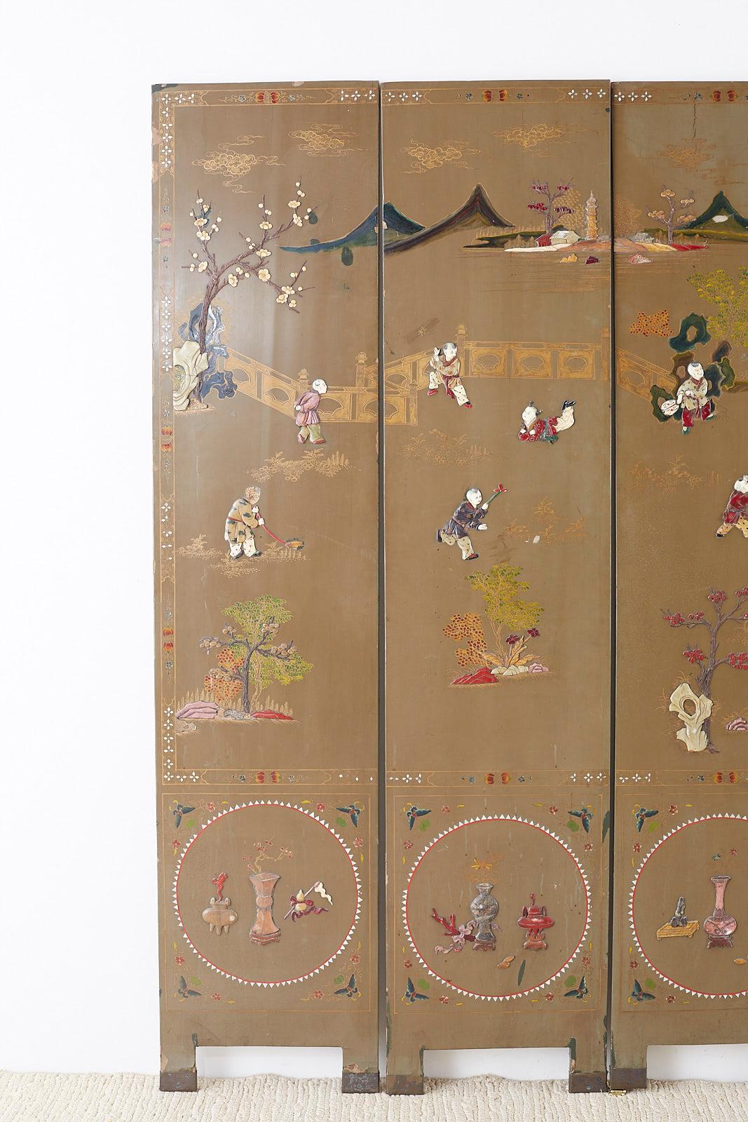 Gilt Chinese Export Six-Panel Hardstone Lacquered Fertility Screen