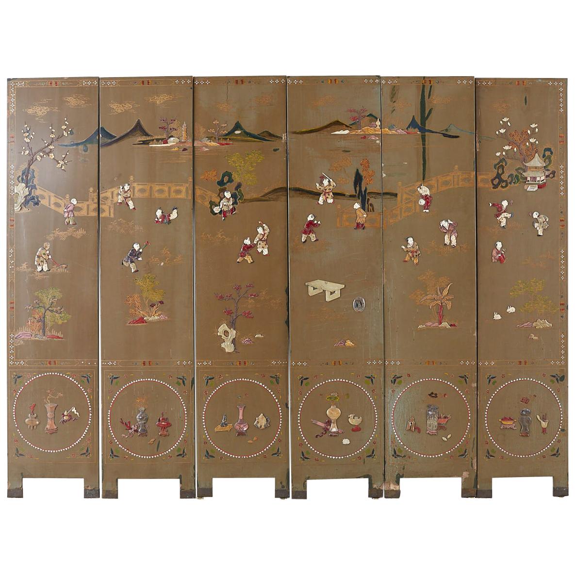 Chinese Export Six-Panel Hardstone Lacquered Fertility Screen