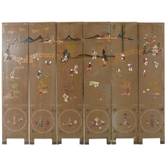 Chinese Export Six-Panel Hardstone Lacquered Fertility Screen