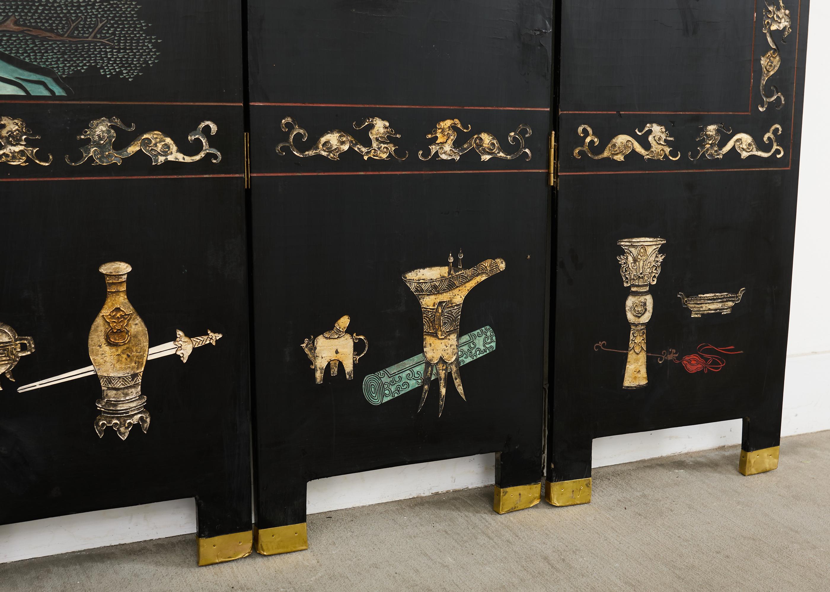 Chinese Export Sechs Panel lackiert Coromandel Bildschirm Hof im Angebot 2