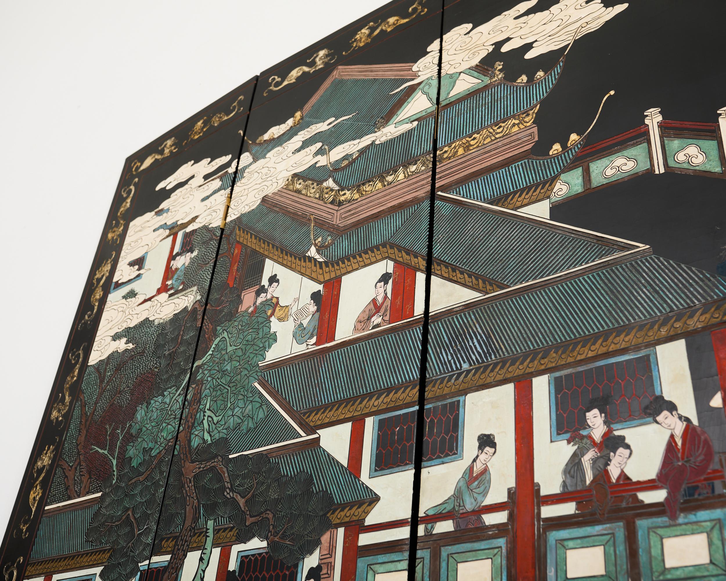 Chinese Export Sechs Panel lackiert Coromandel Bildschirm Hof im Angebot 4