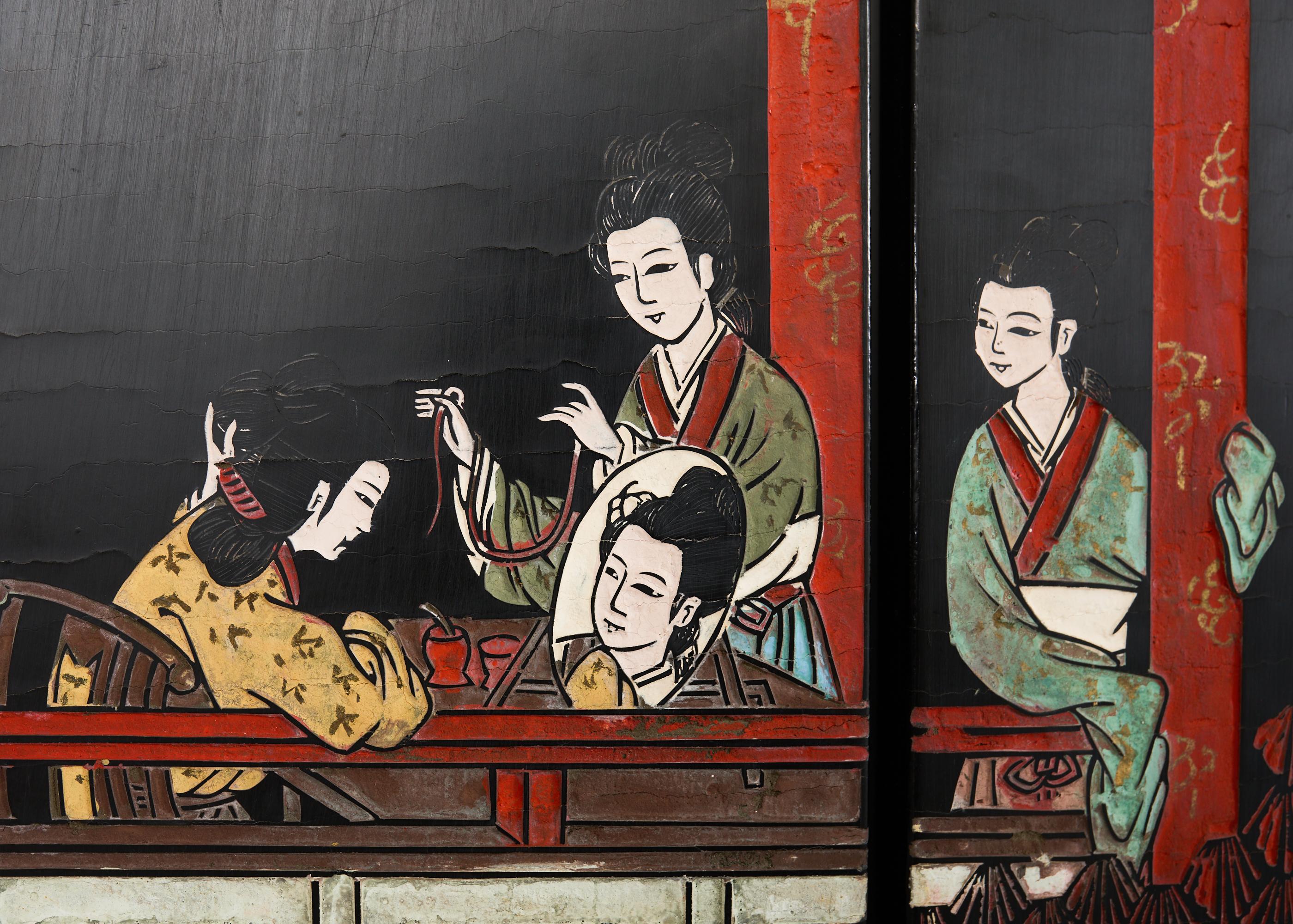 Chinese Export Sechs Panel lackiert Coromandel Bildschirm Hof im Angebot 9