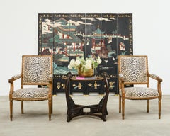 Chinese Export Six Panel Lacquered Coromandel Screen Courtyard