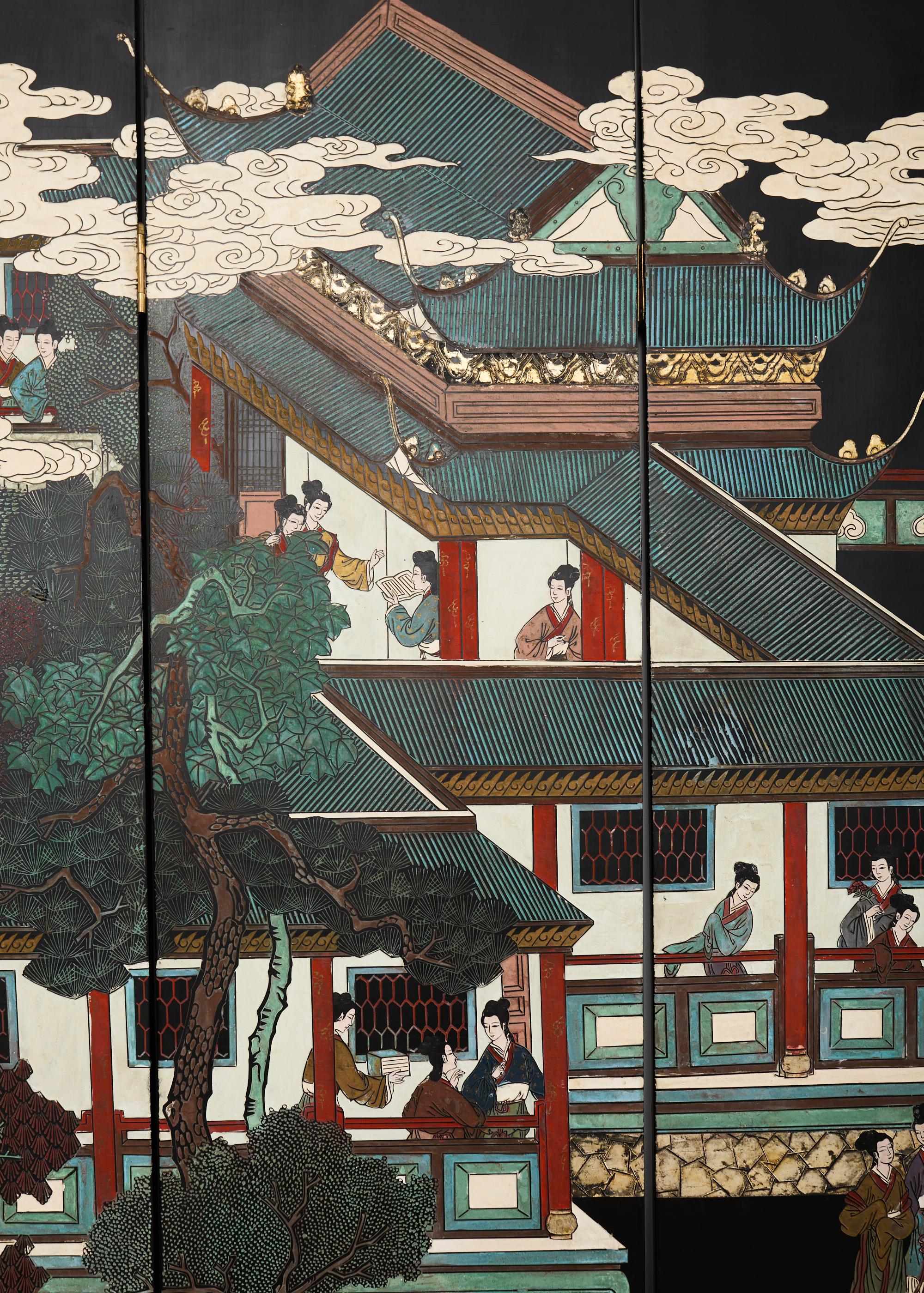 Chinese Export Sechs Panel lackiert Coromandel Bildschirm Hof (20. Jahrhundert) im Angebot