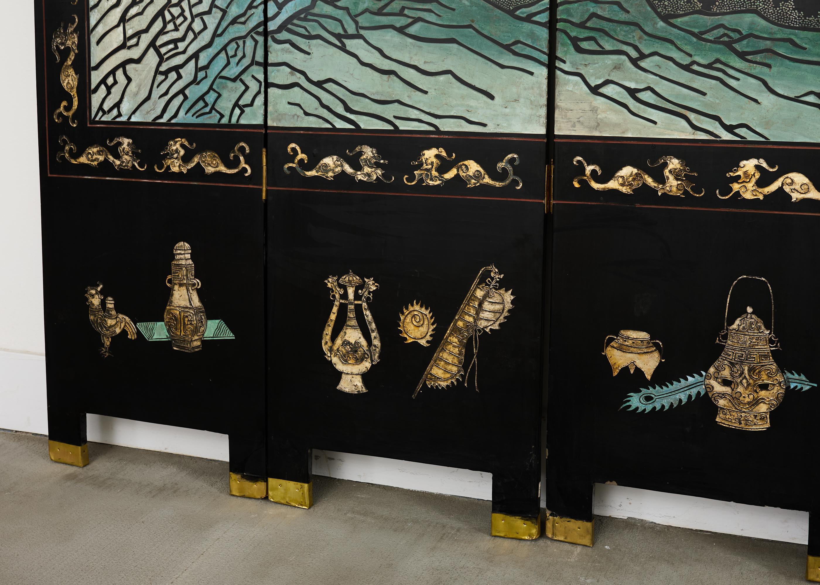 Chinese Export Sechs Panel lackiert Coromandel Bildschirm Hof im Angebot 1