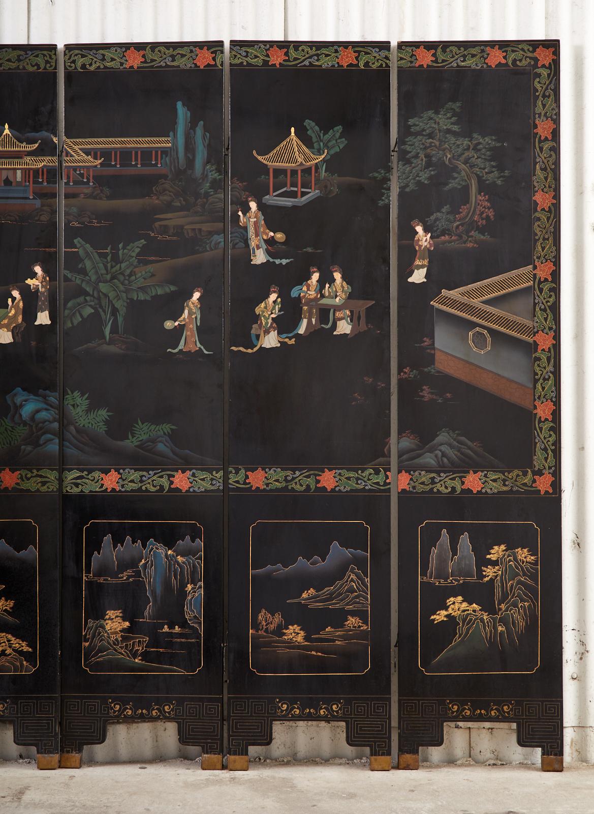 Wood Chinese Export Six Panel Lacquered Coromandel Screen